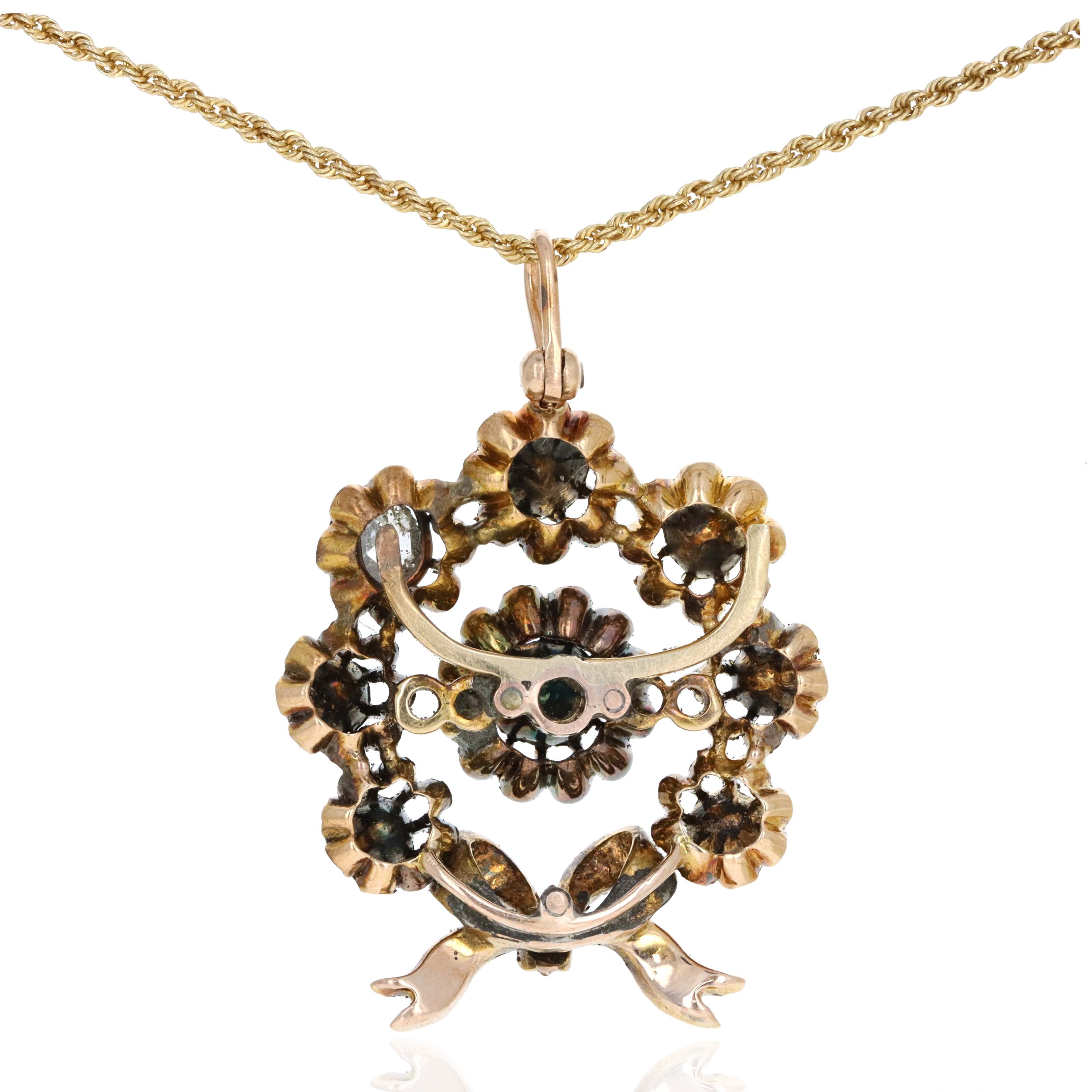 Victorian 14K Yellow Gold Rose Cut Diamond Bow Pendant Necklace - Queen May