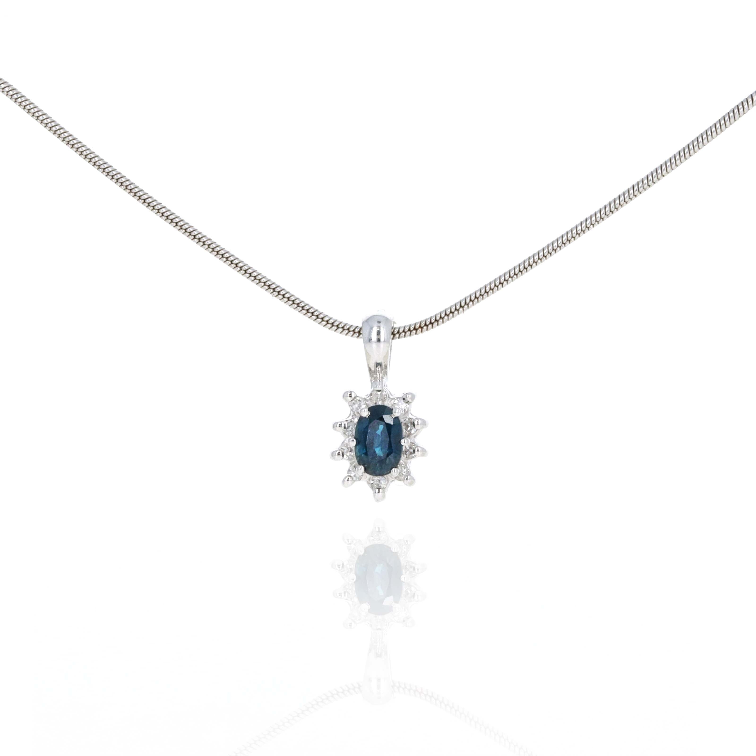 14K White Gold 0.35 Carat Oval Sapphire Diamond Halo Pendant Necklace - Queen May