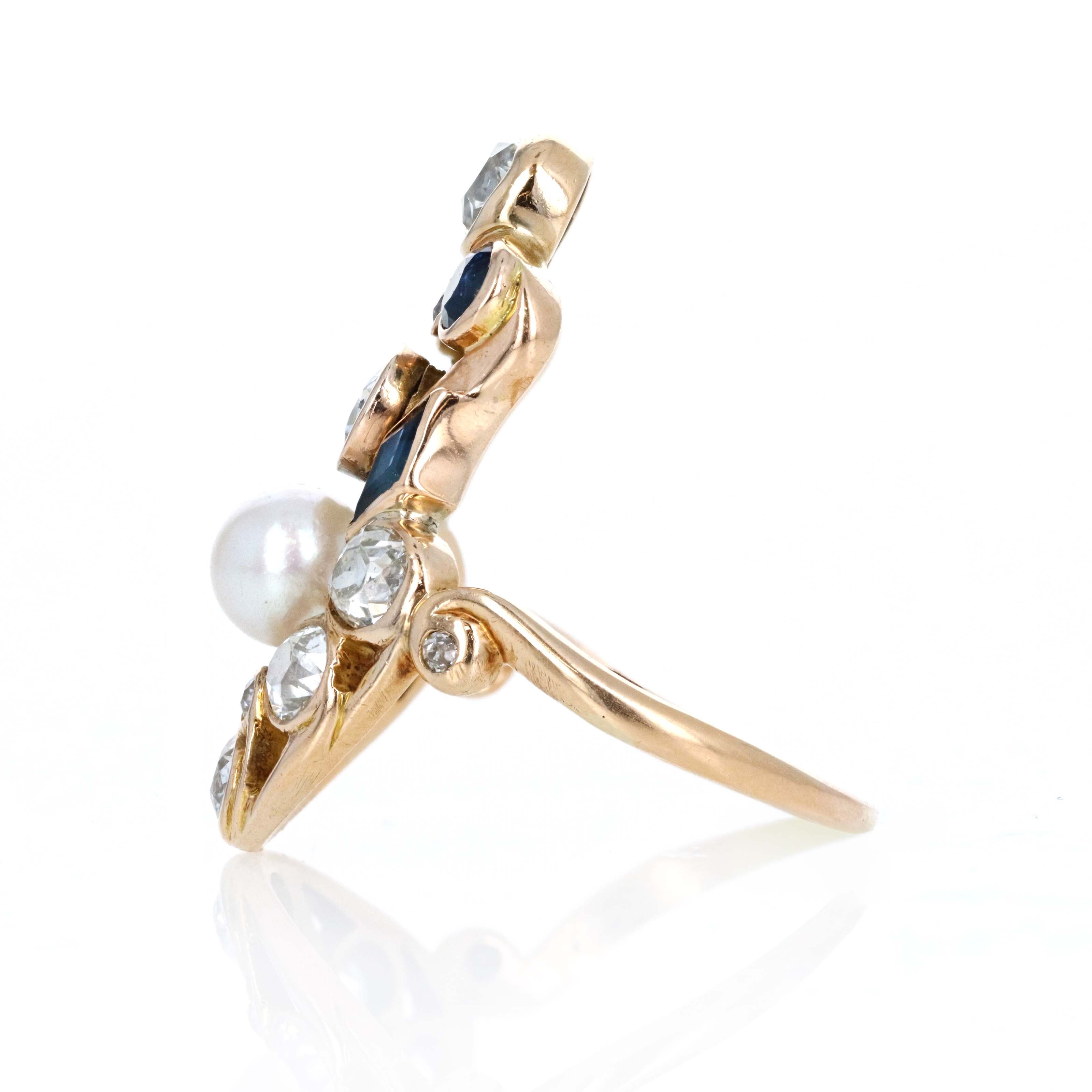 Art Nouveau Cultured Pearl Old European Diamond Sapphire Shield Ring