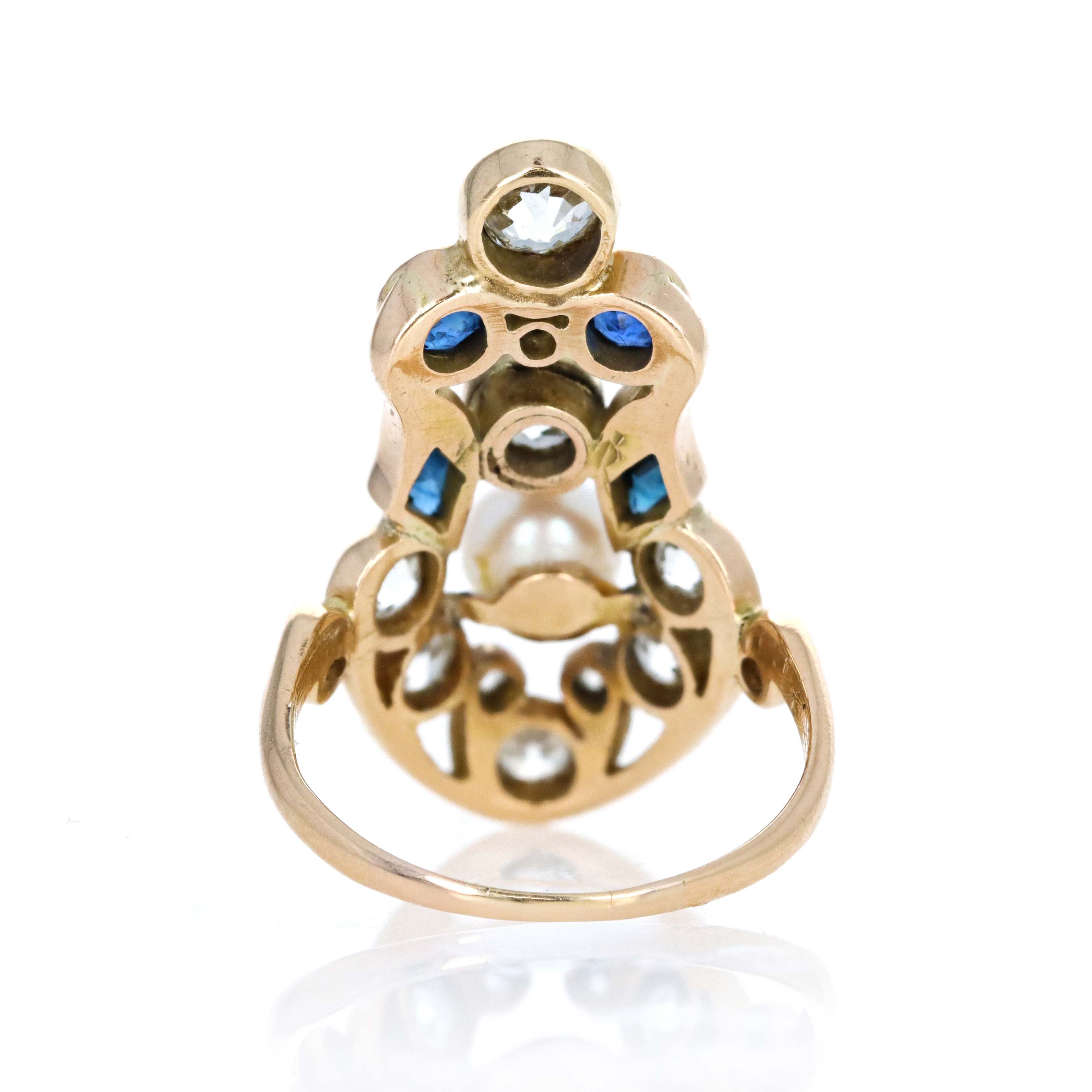 Art Nouveau Cultured Pearl Old European Diamond Sapphire Shield Ring