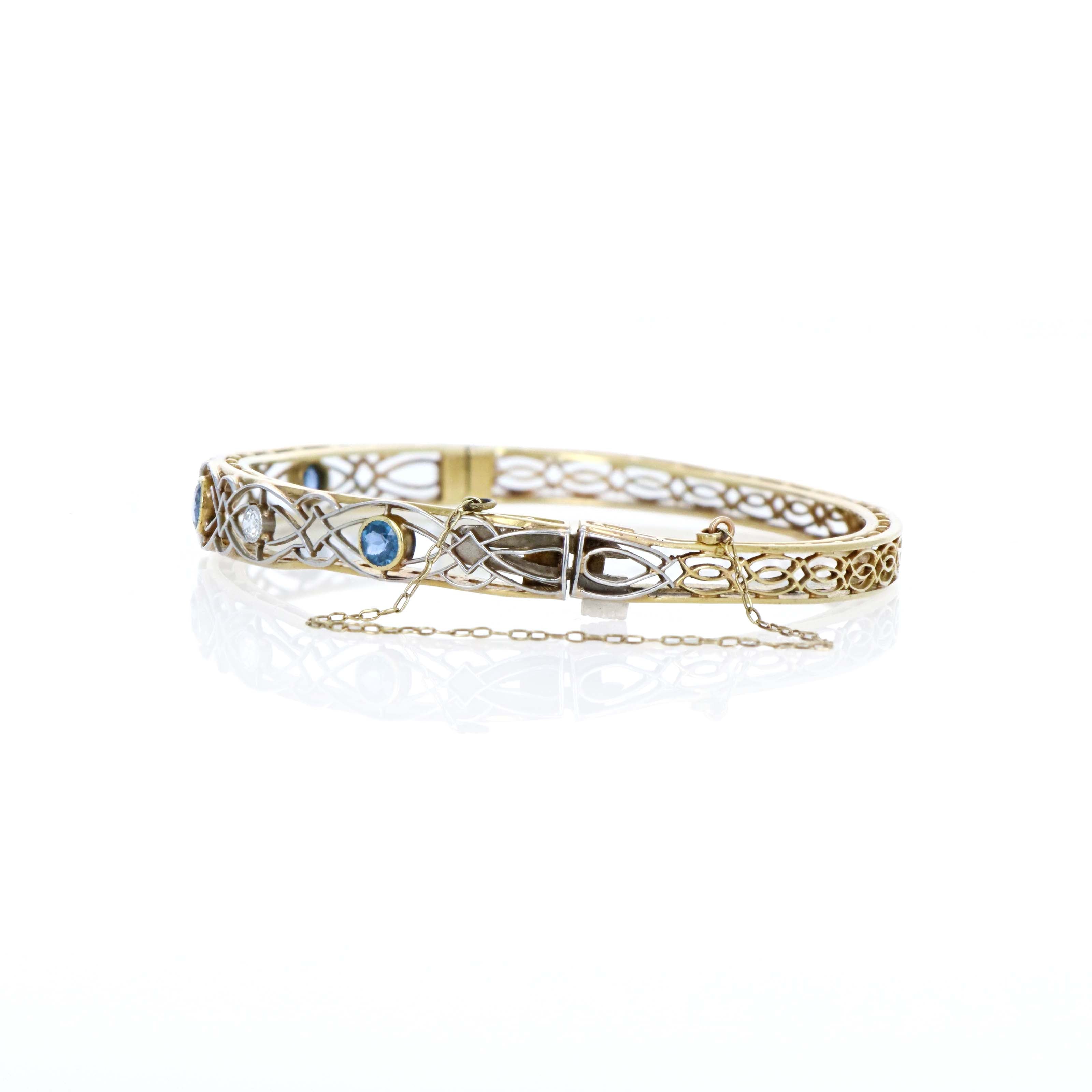 Edwardian 14K Yellow Gold & Platinum Old European Cut Diamond, Sapphire Bangle