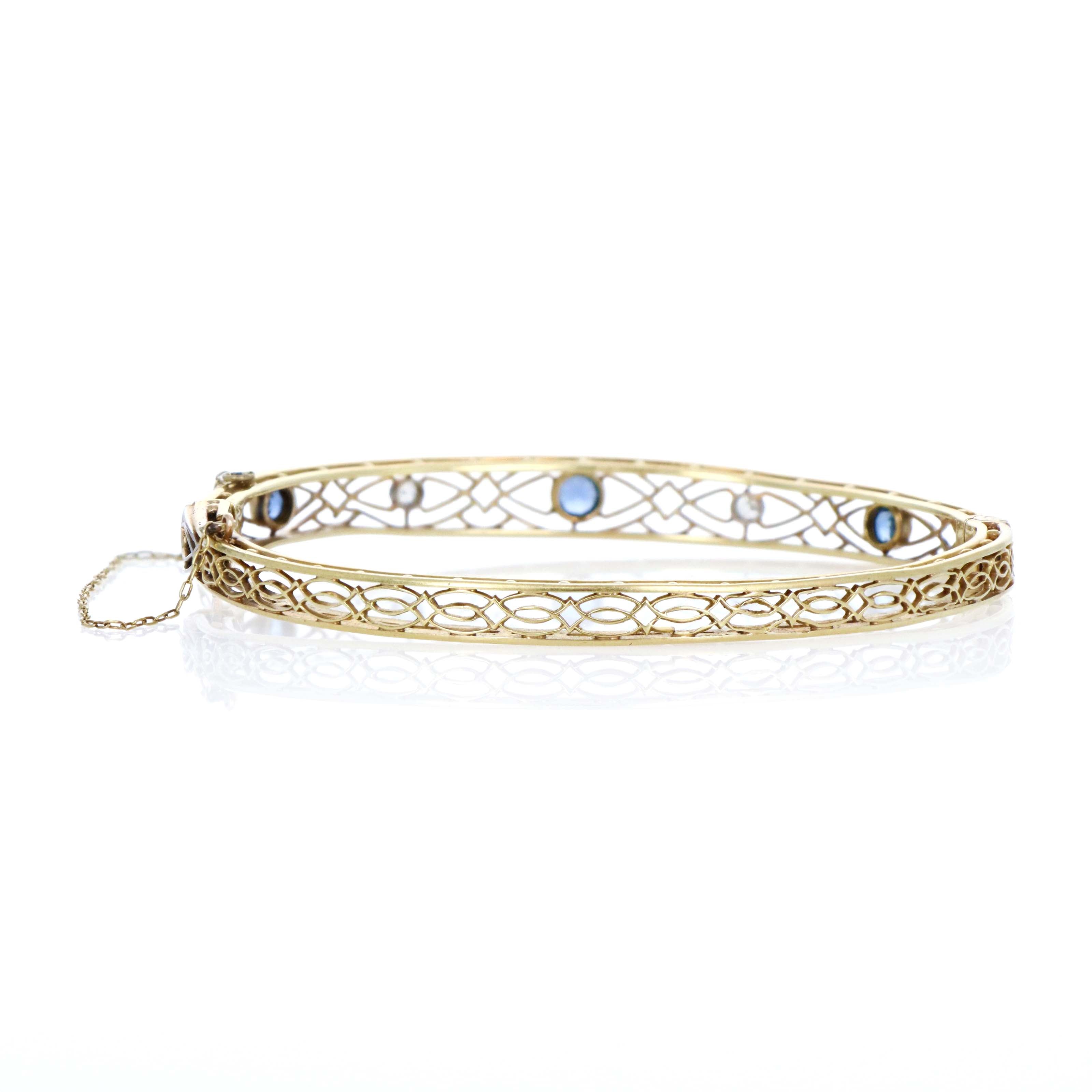 Edwardian 14K Yellow Gold & Platinum Old European Cut Diamond, Sapphire Bangle