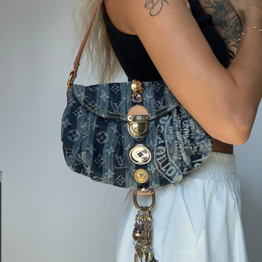 Rare Limited Edition Louis Vuitton Blue Monogram Raye Denim Judy Blame Mini Pleaty Gold & Silver Hardware, 2008 6 Charms - Queen May