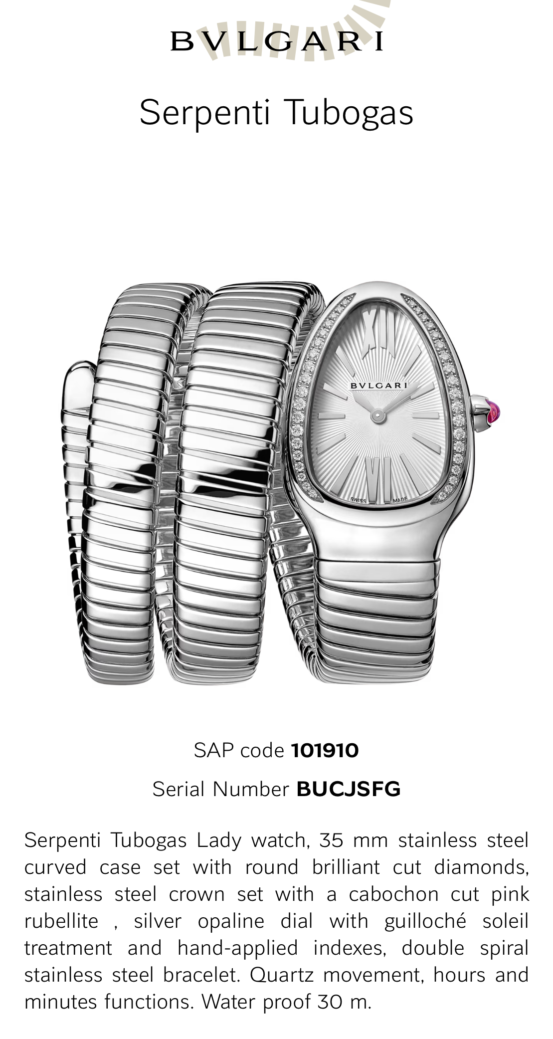 Bvlgari Stainless Steel Serpenti Tubogas 35mm White Dial Diamond Ladies Watch With Box and Papers c.2025 - Queen May