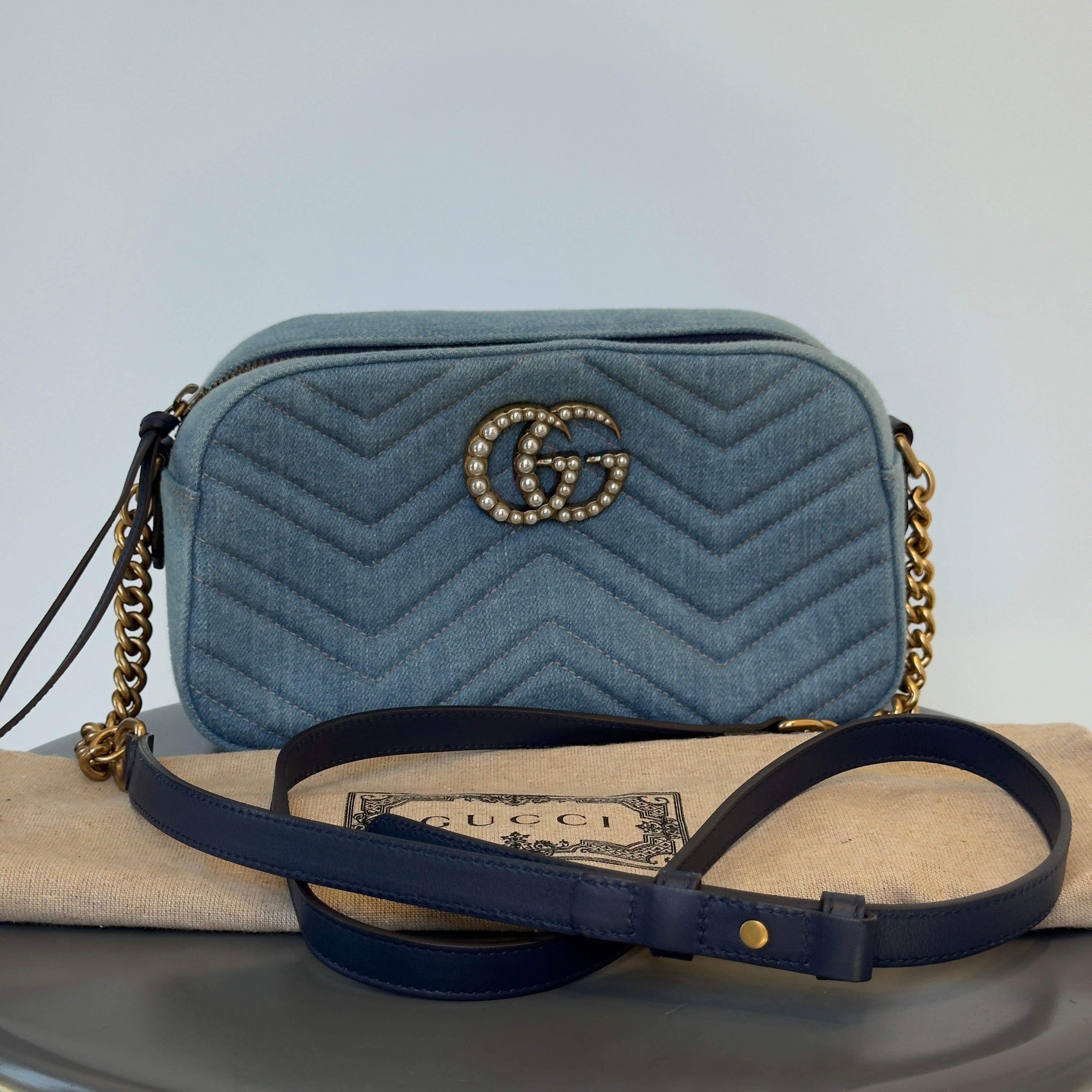 Gucci Marmont Matelasse Denim Pearl Bag