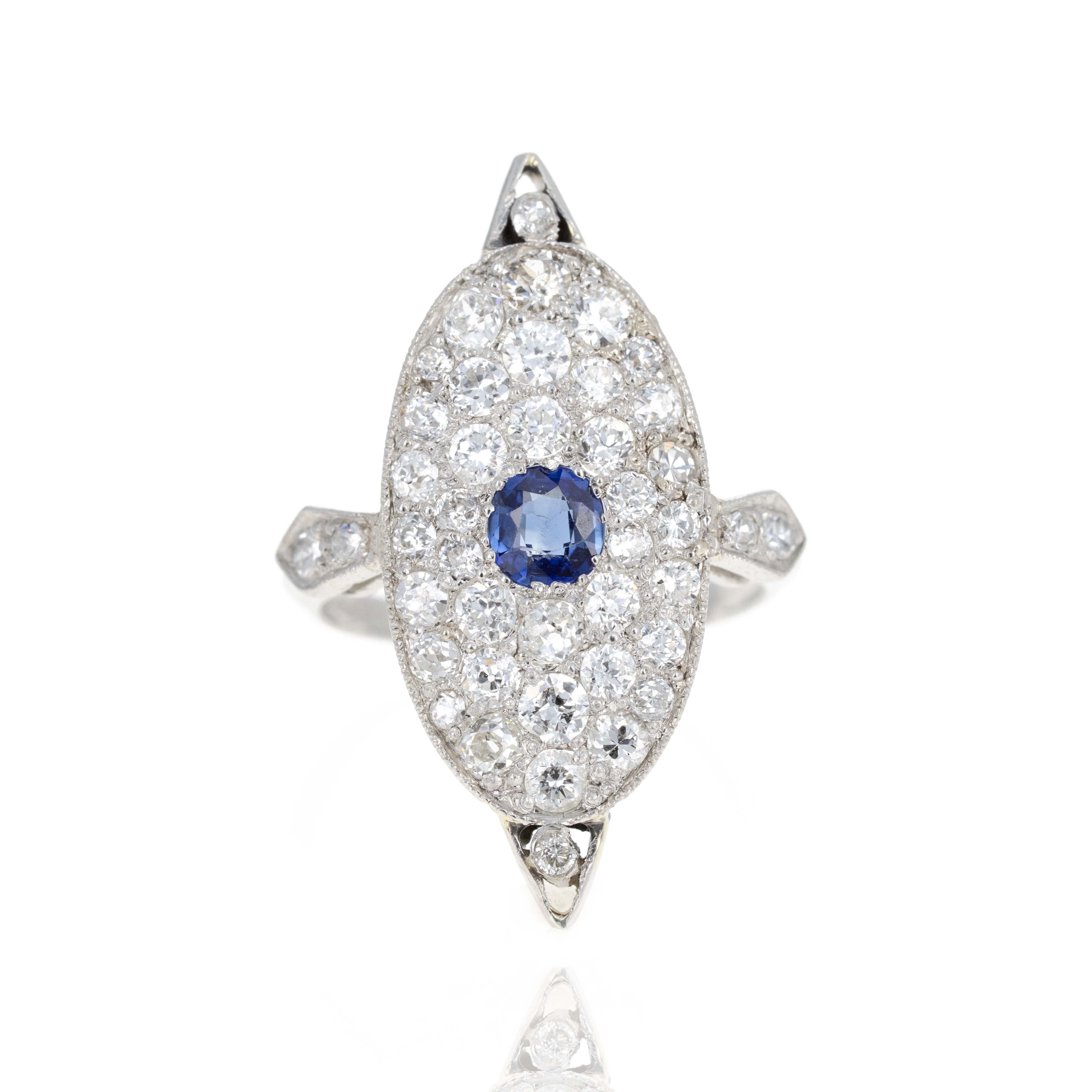 Art Deco Platinum 0.40 Carat Natural Sapphire Old European Diamond Ring - Queen May