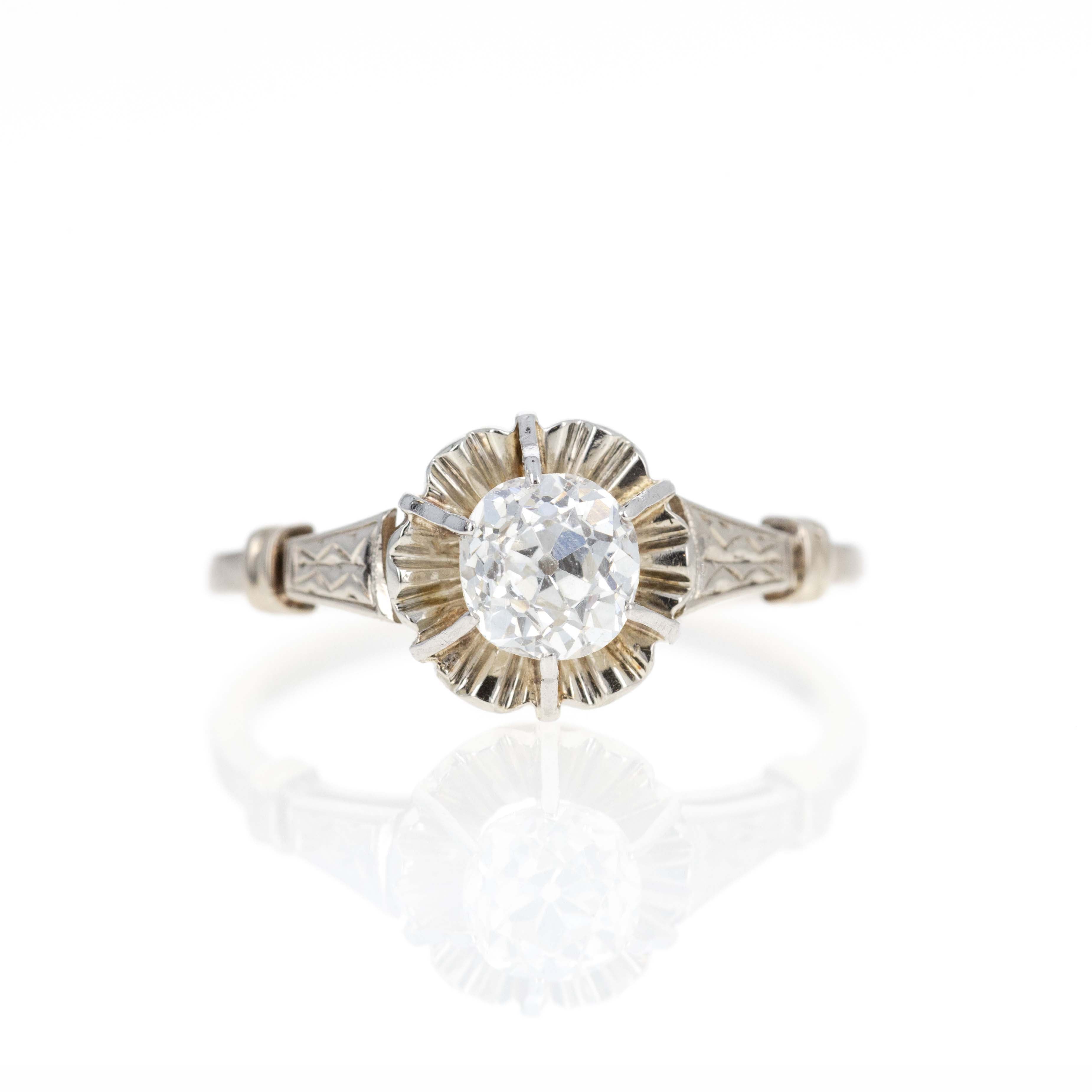 Victorian 18K White Gold 0.75 Carat Old Mine Diamond Engagement Ring - Queen May