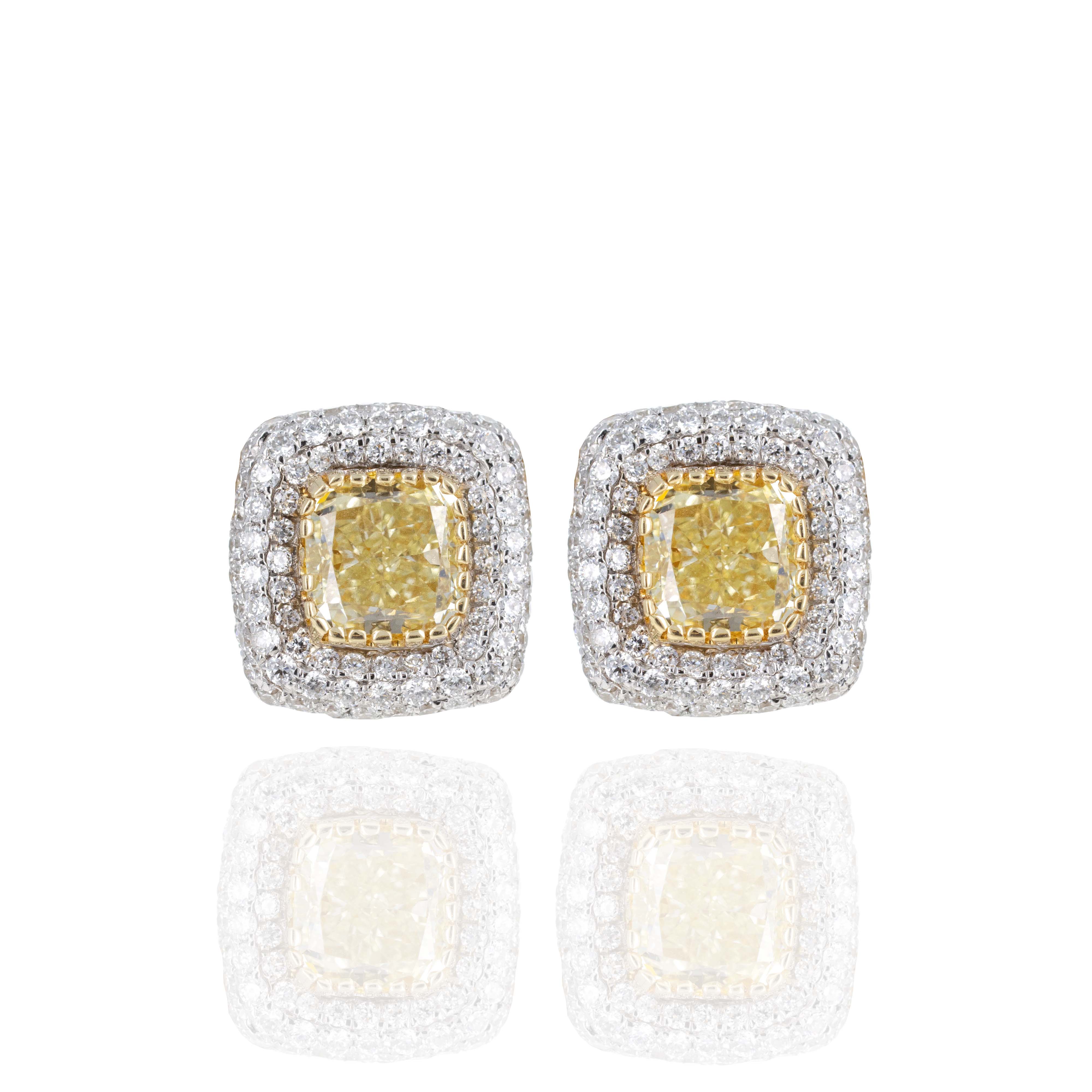 18K Gold Fancy Light Yellow Radiant Diamond Pave Omega Back Earrings - Queen May