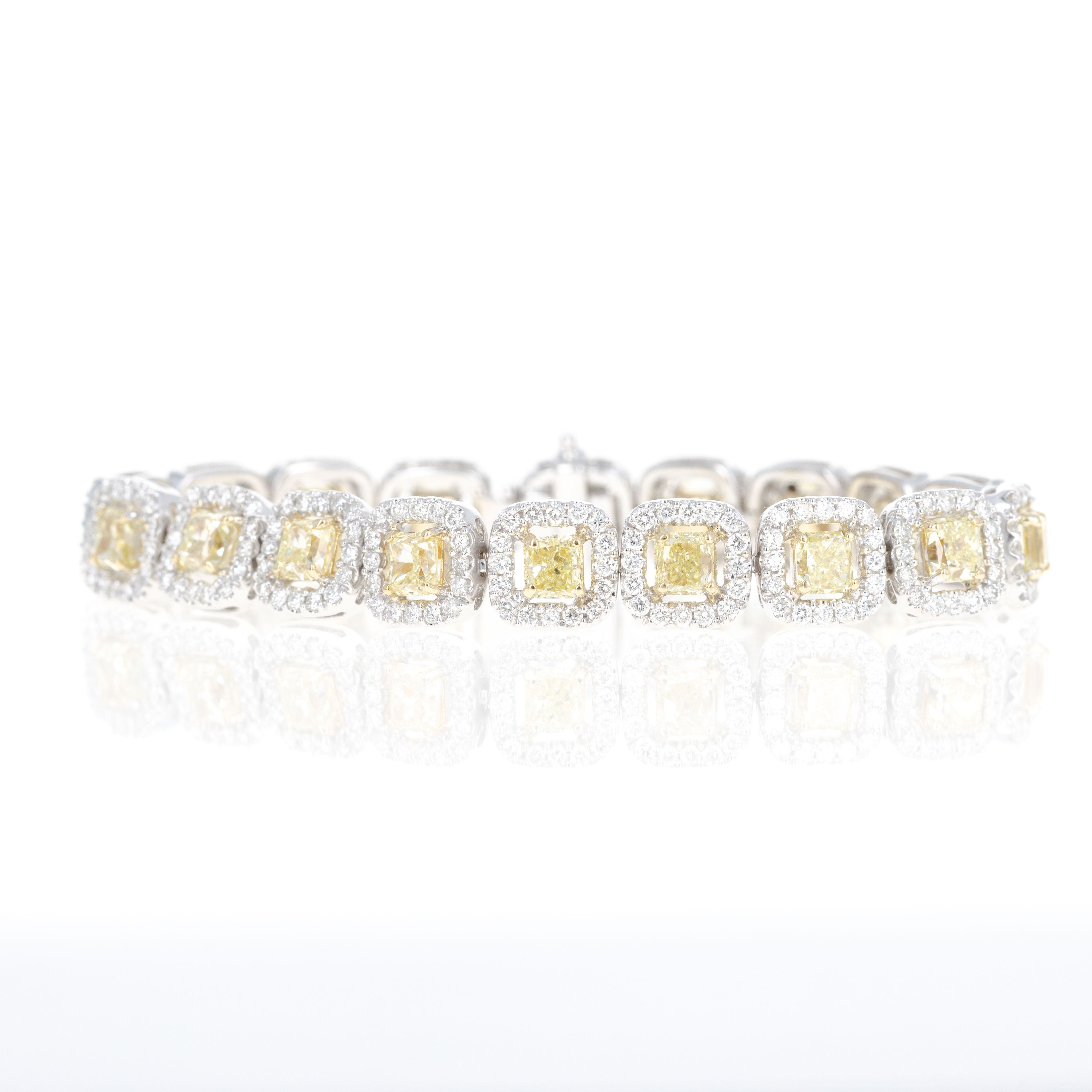 18K Gold 15 Carat Fancy Light Yellow Diamond Halo Pave Bracelet - Queen May