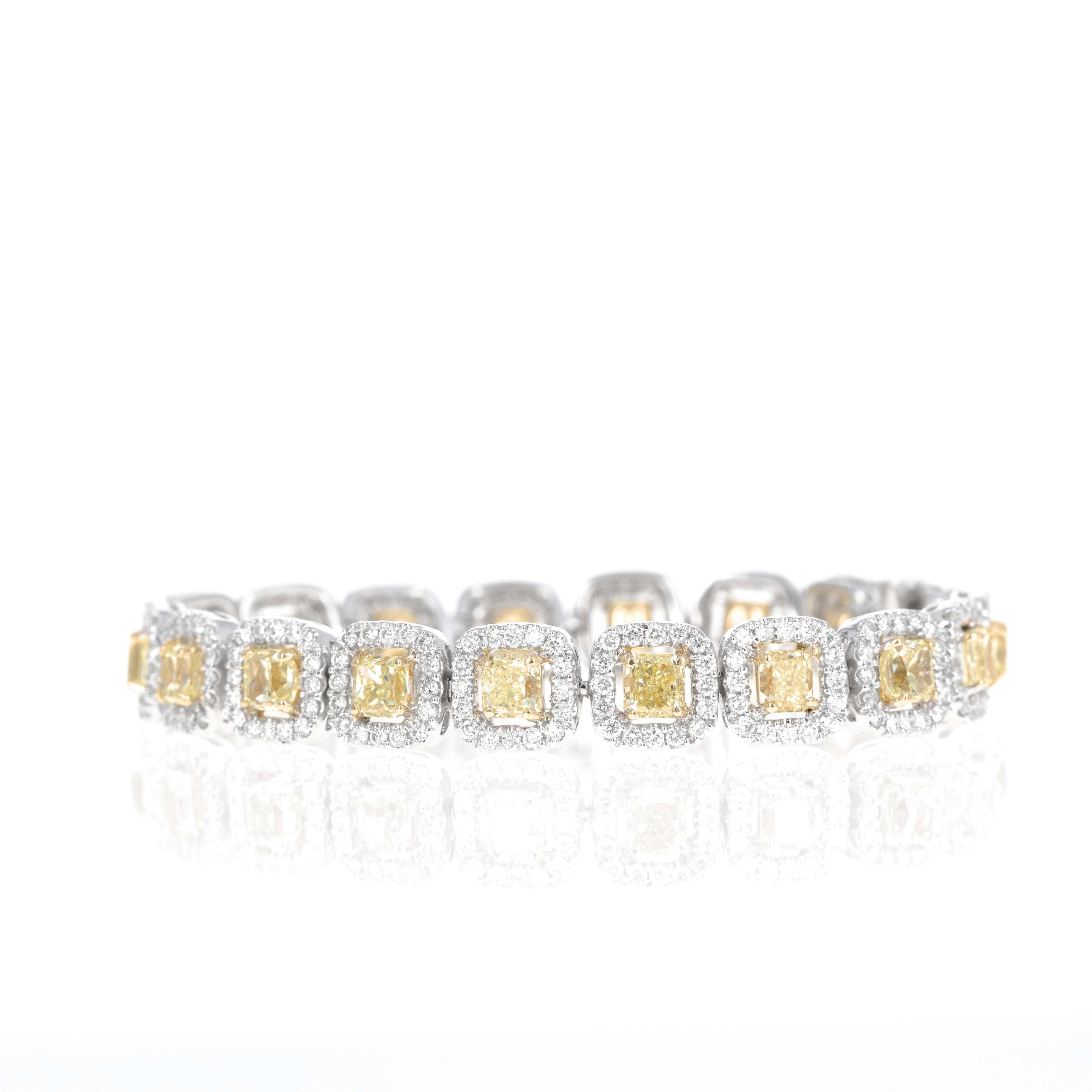 18K Gold 15 Carat Fancy Light Yellow Diamond Halo Pave Bracelet - Queen May