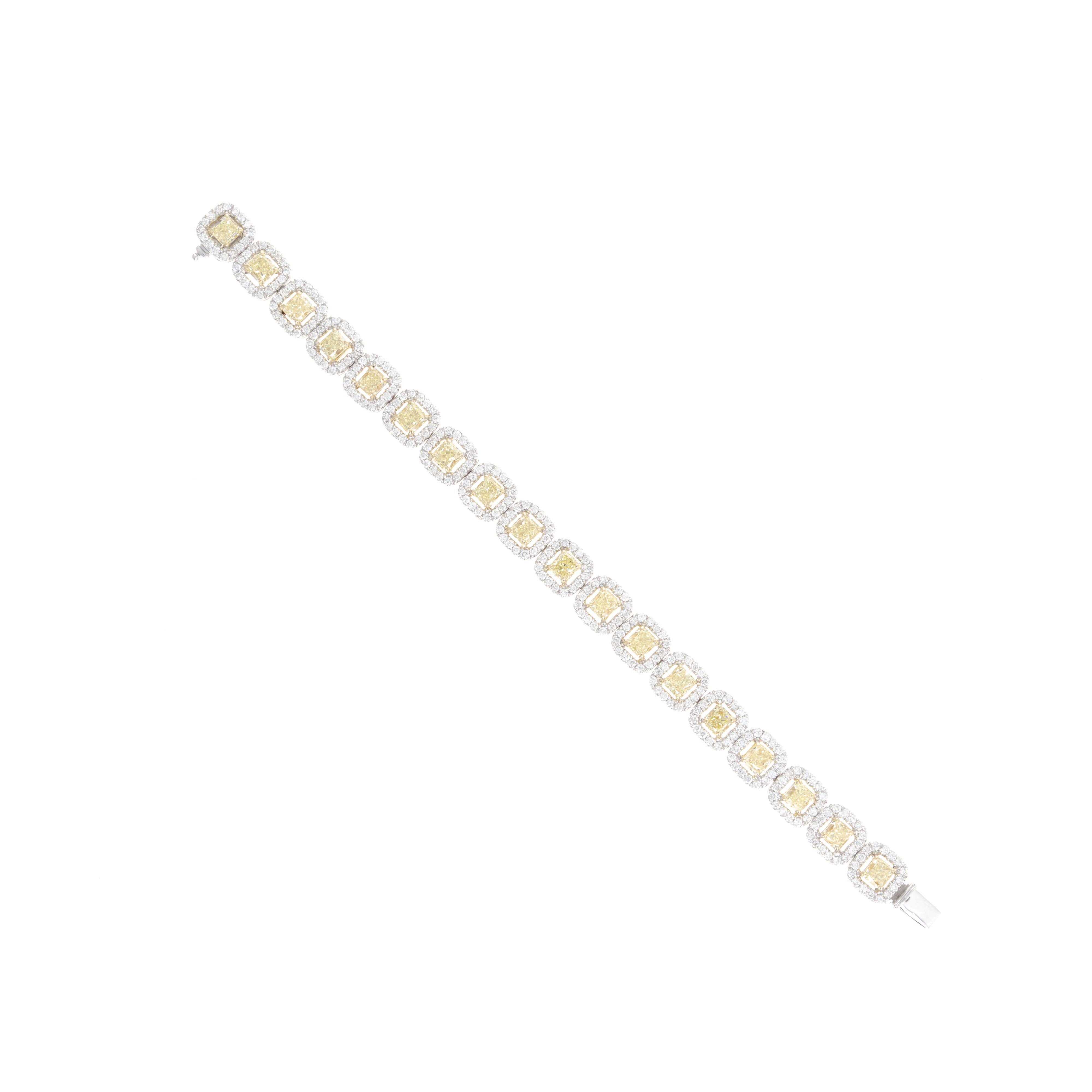 18K Gold 15 Carat Fancy Light Yellow Diamond Halo Pave Bracelet - Queen May