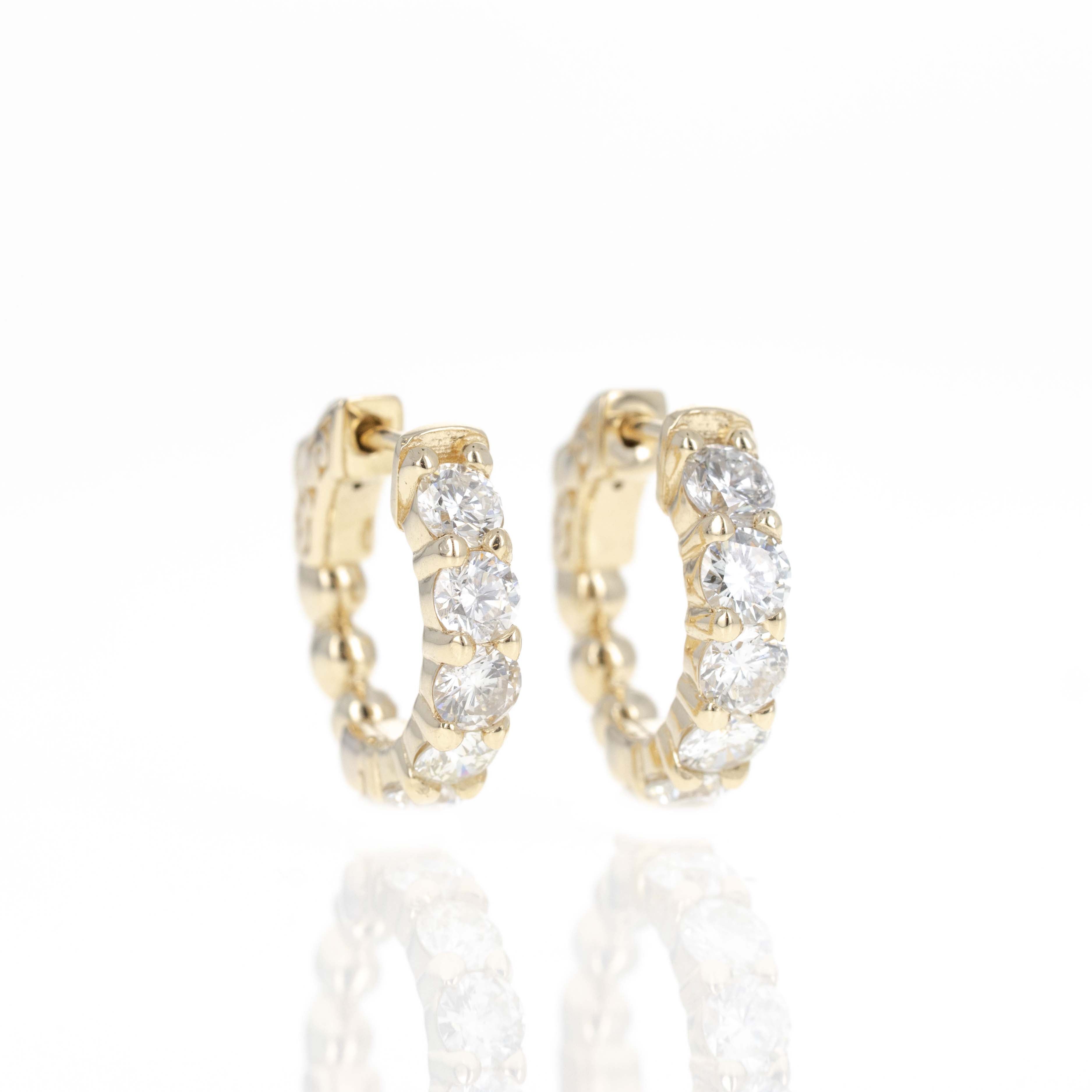 14K Yellow Gold 1.85 Carat Round Diamond Huggie Hoop Earrings - Queen May