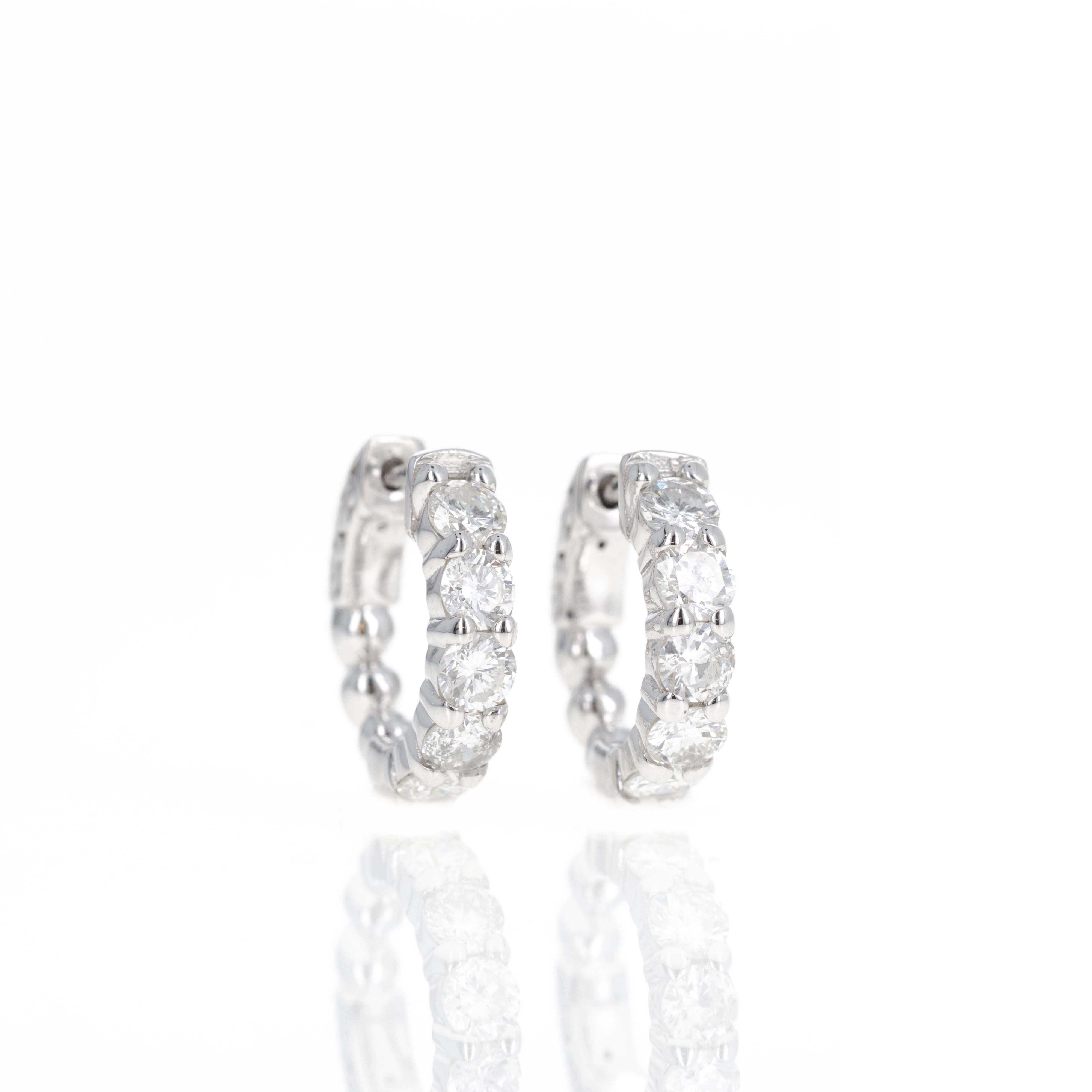 14K White Gold 1.55 Carat Round Diamond Huggie Hoop Earrings - Queen May