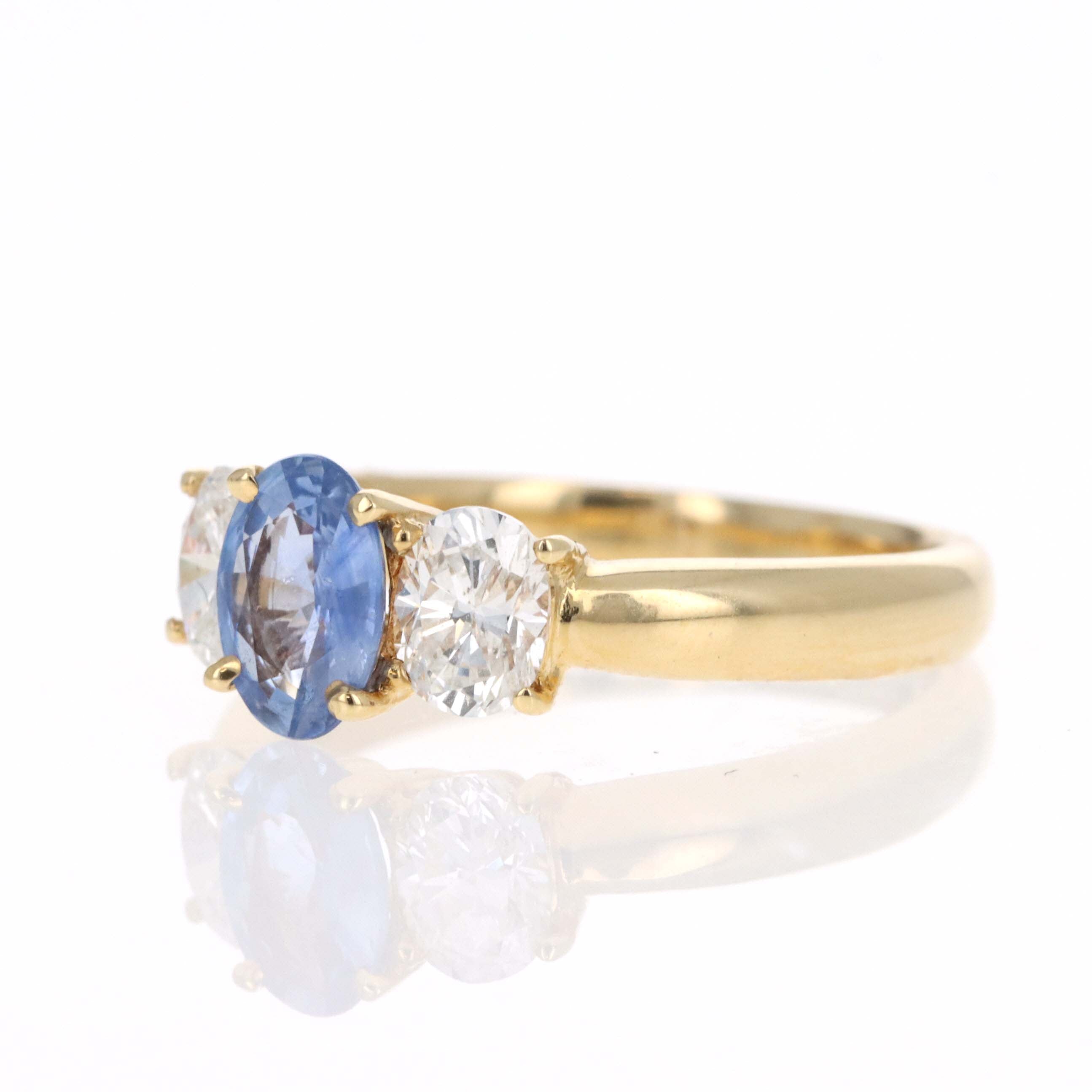 18K Yellow Gold 0.74 Carat Sapphire Diamond Three Stone Ring