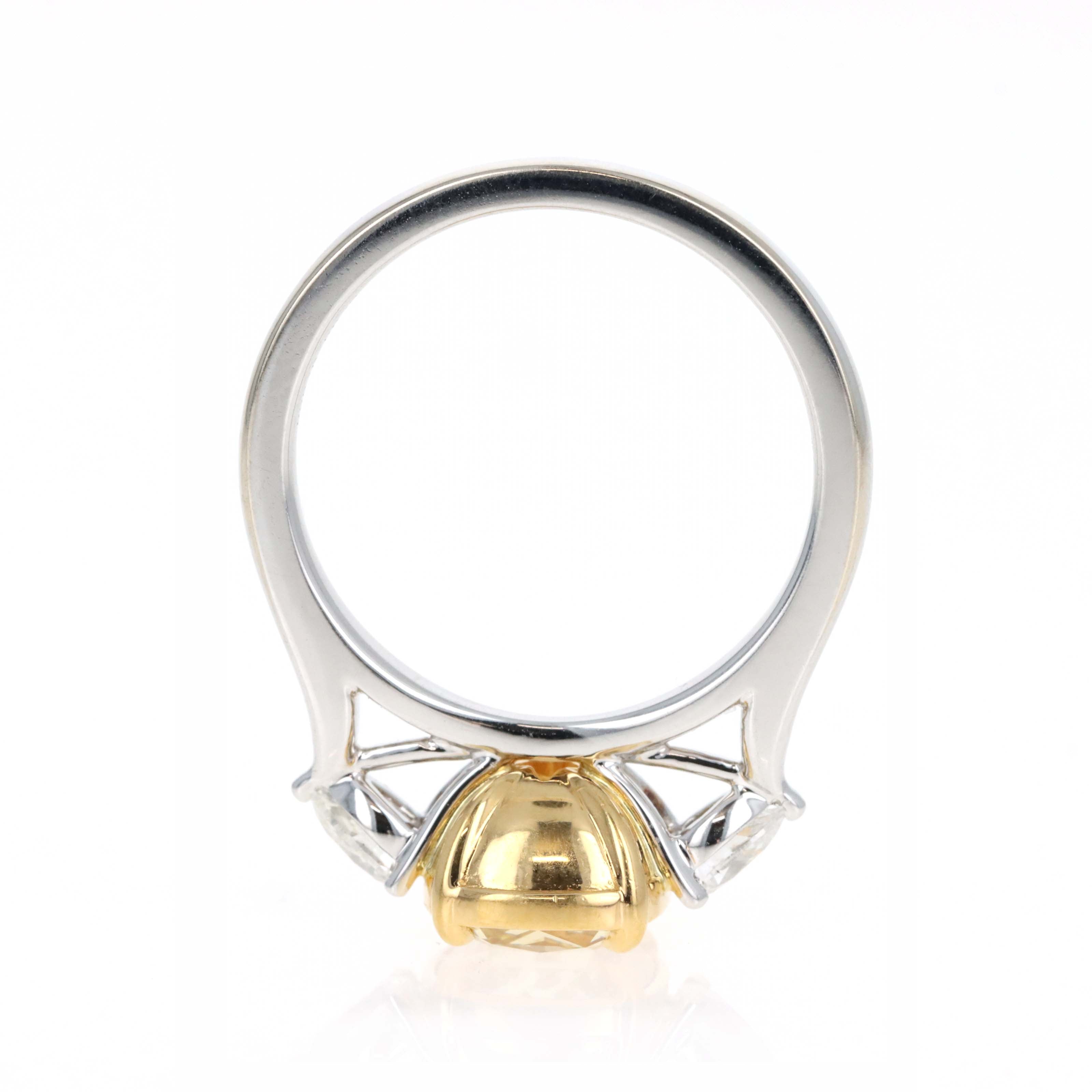 2.53 Carat Fancy Yellow Cushion Diamond Pear Three Stone Engagement Ring - Queen May