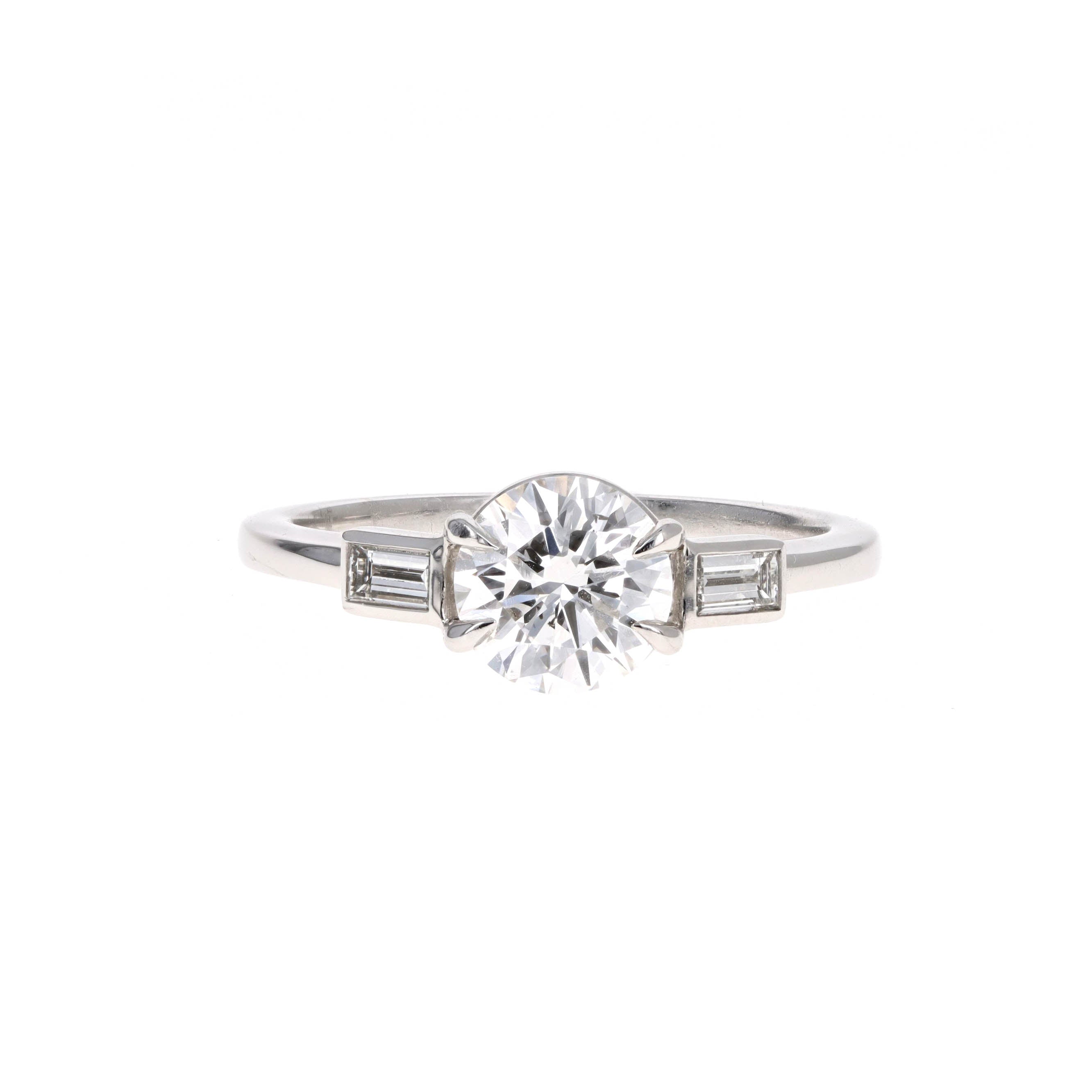 1.13 Carat Round Brilliant Diamond & Baguette Diamond Accent Three Stone Engagement Ring in Platinum GIA Certified - Queen May