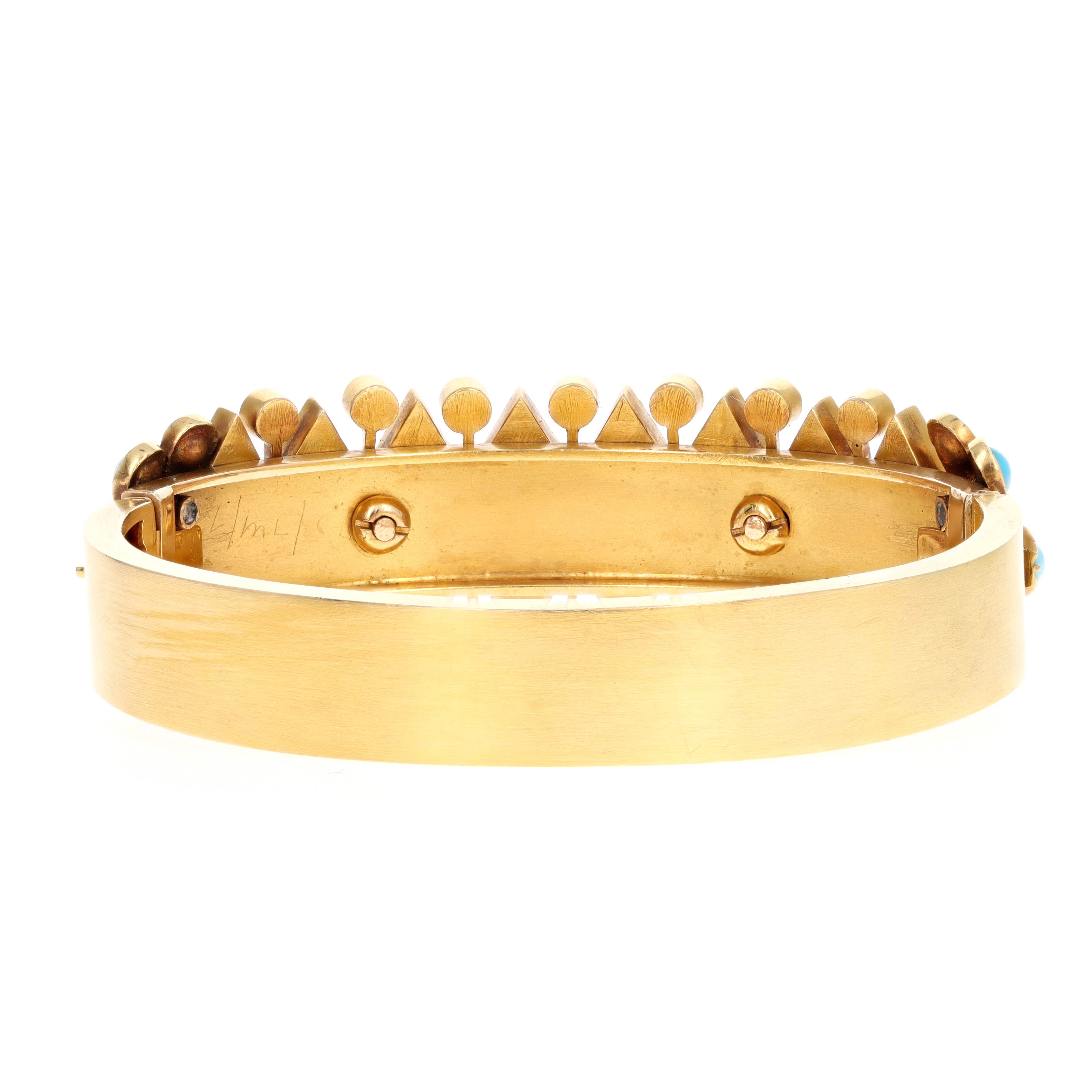 Victorian 15K Yellow Gold Turquoise & Pearl Bangle Bracelet - Queen May