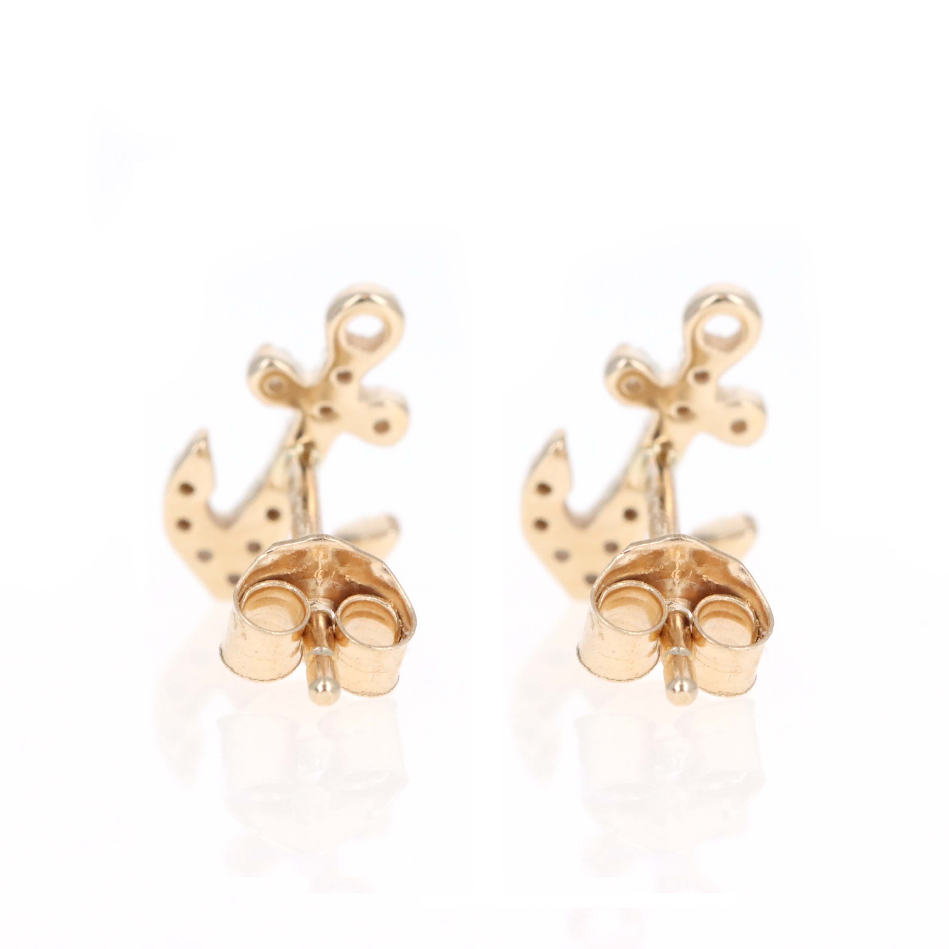 14K Yellow Gold Diamond Mini Anchor Stud Earrings - Queen May