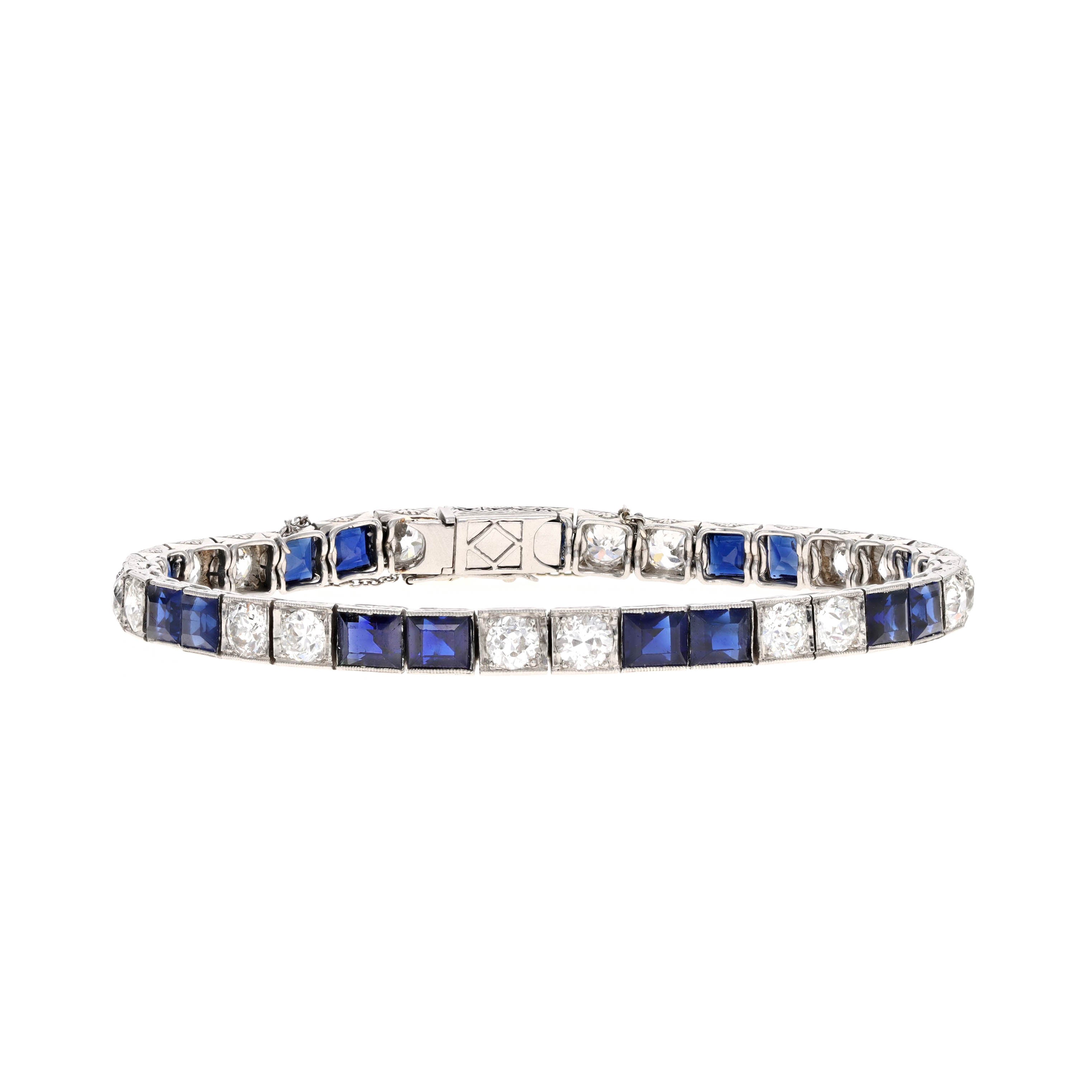 Art Deco French Platinum Natural No Heat Sapphire Old European Diamond Bracelet - Queen May