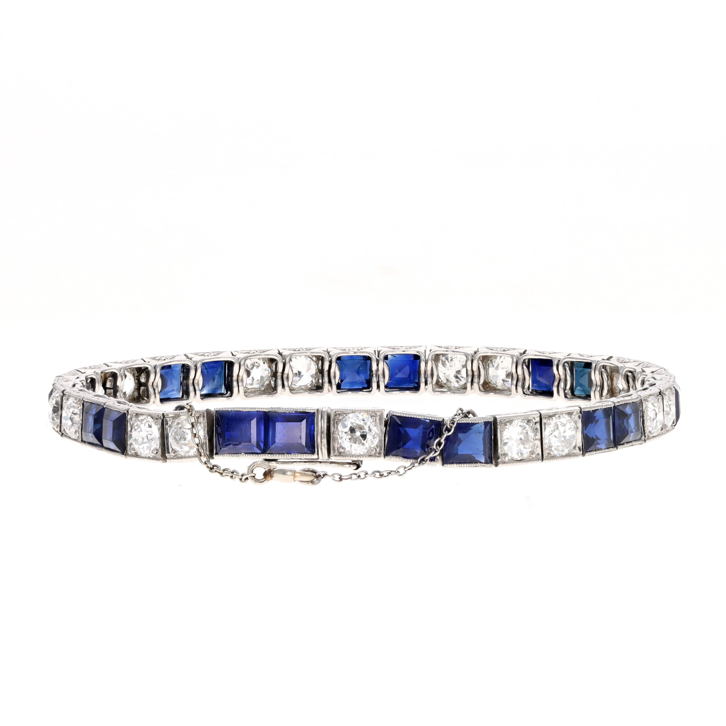 Art Deco French Platinum Natural No Heat Sapphire Old European Diamond Bracelet - Queen May