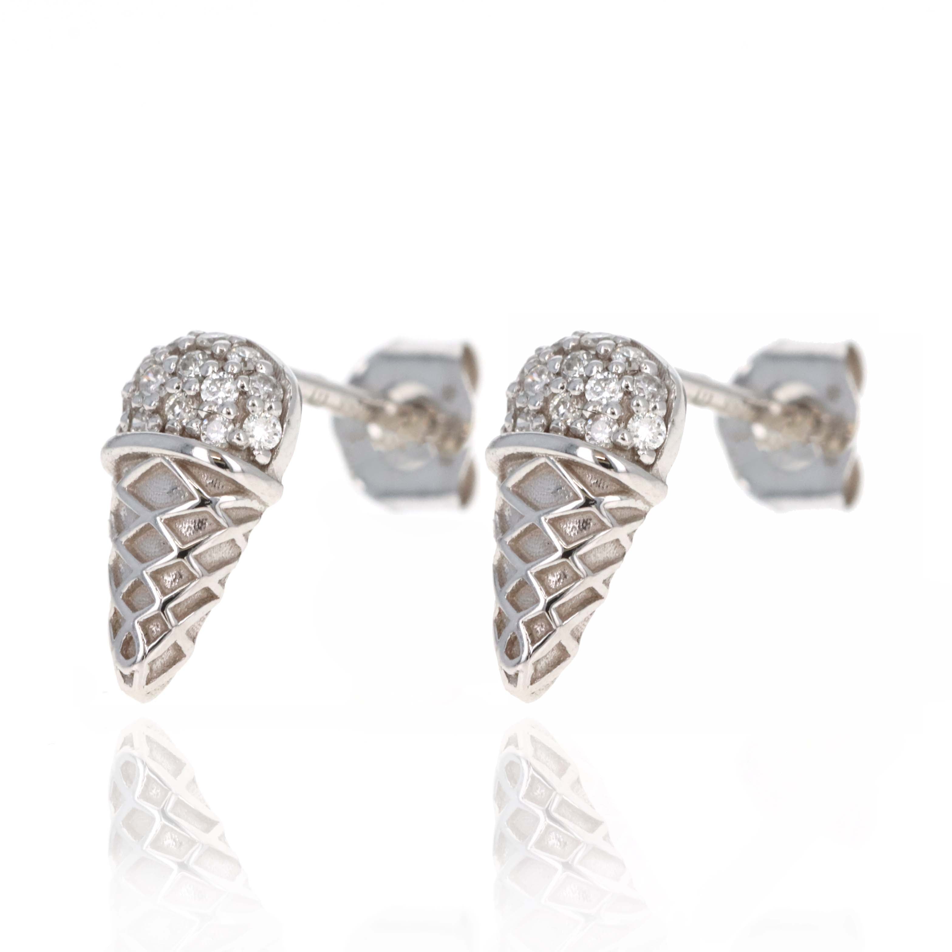 14K White Gold Diamond Ice Cream Cone Stud Earrings - Queen May