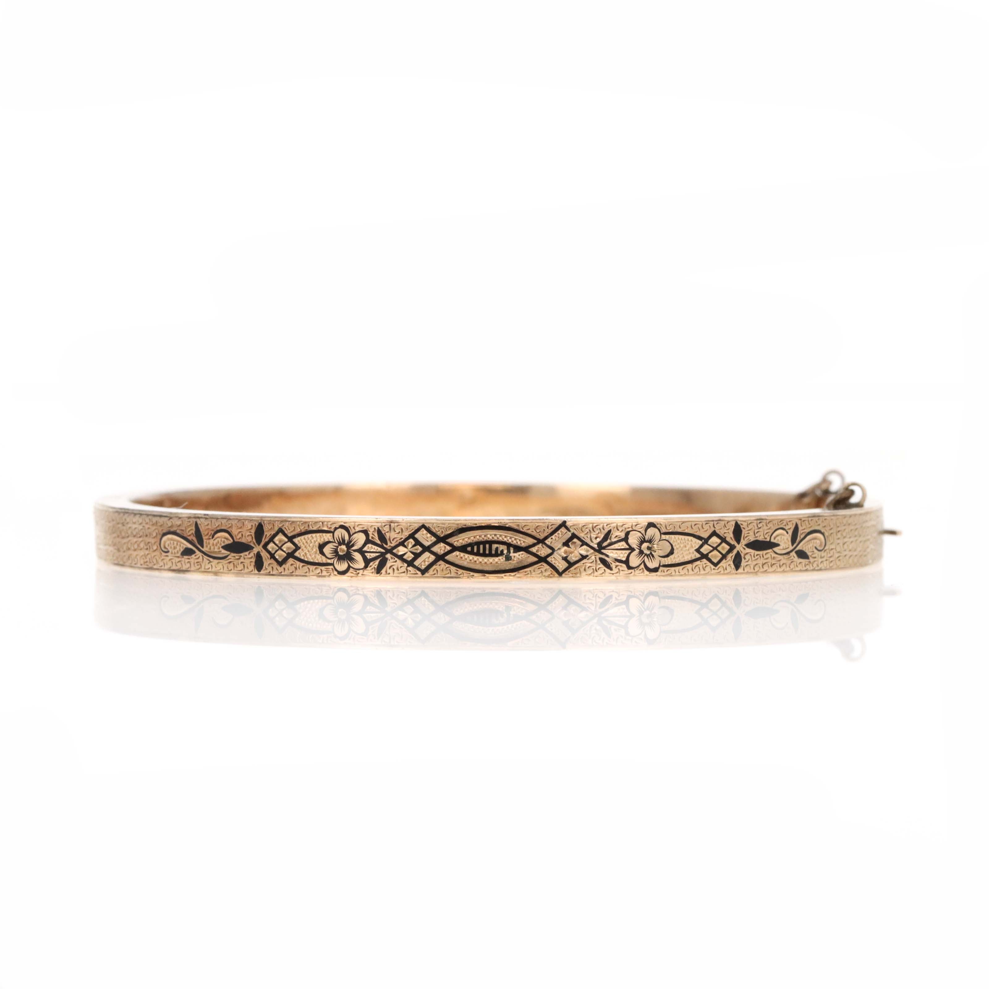 Victorian 14K Rose Gold Enamel Engraved Bangle - Queen May