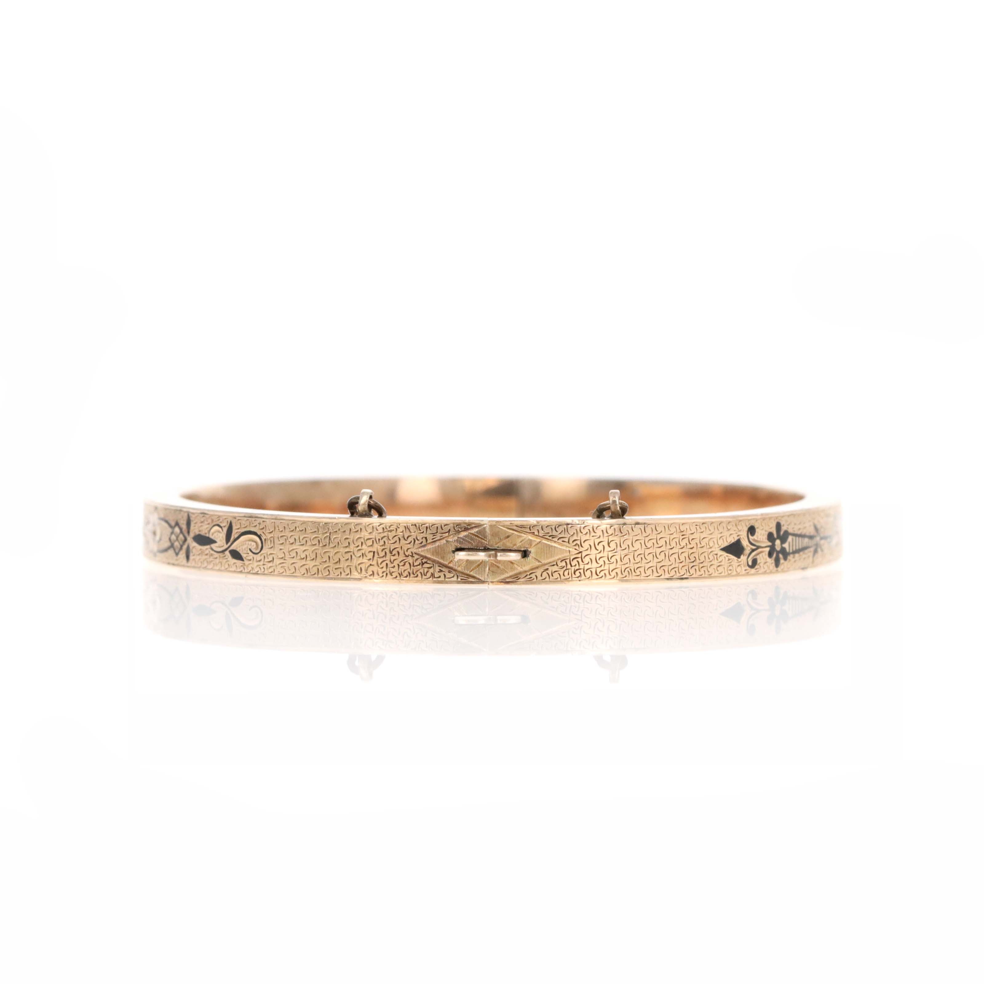 Victorian 14K Rose Gold Enamel Engraved Bangle - Queen May