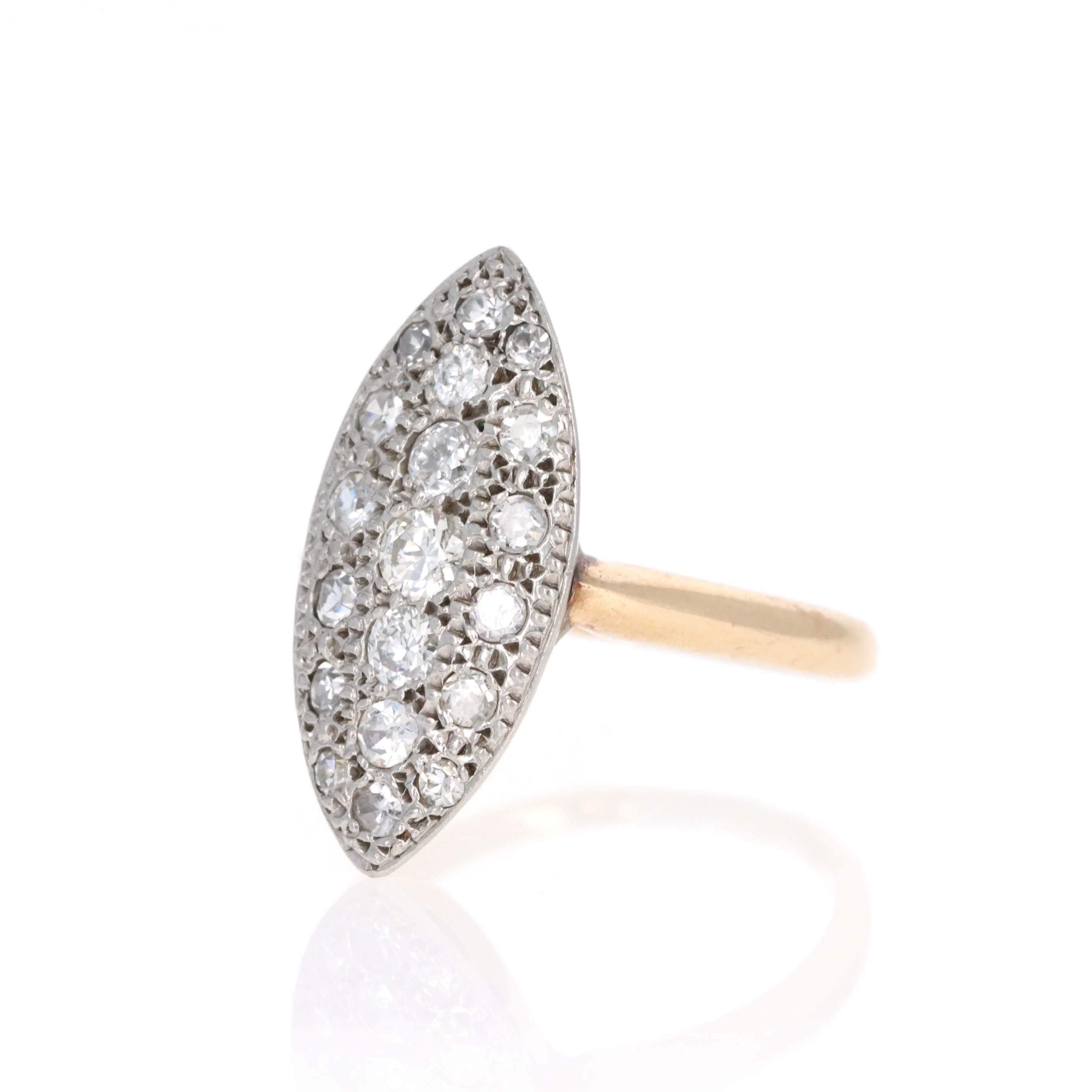 Edwardian 14K Yellow Gold Platinum 0.50 Carat Diamond Navette Ring - Queen May