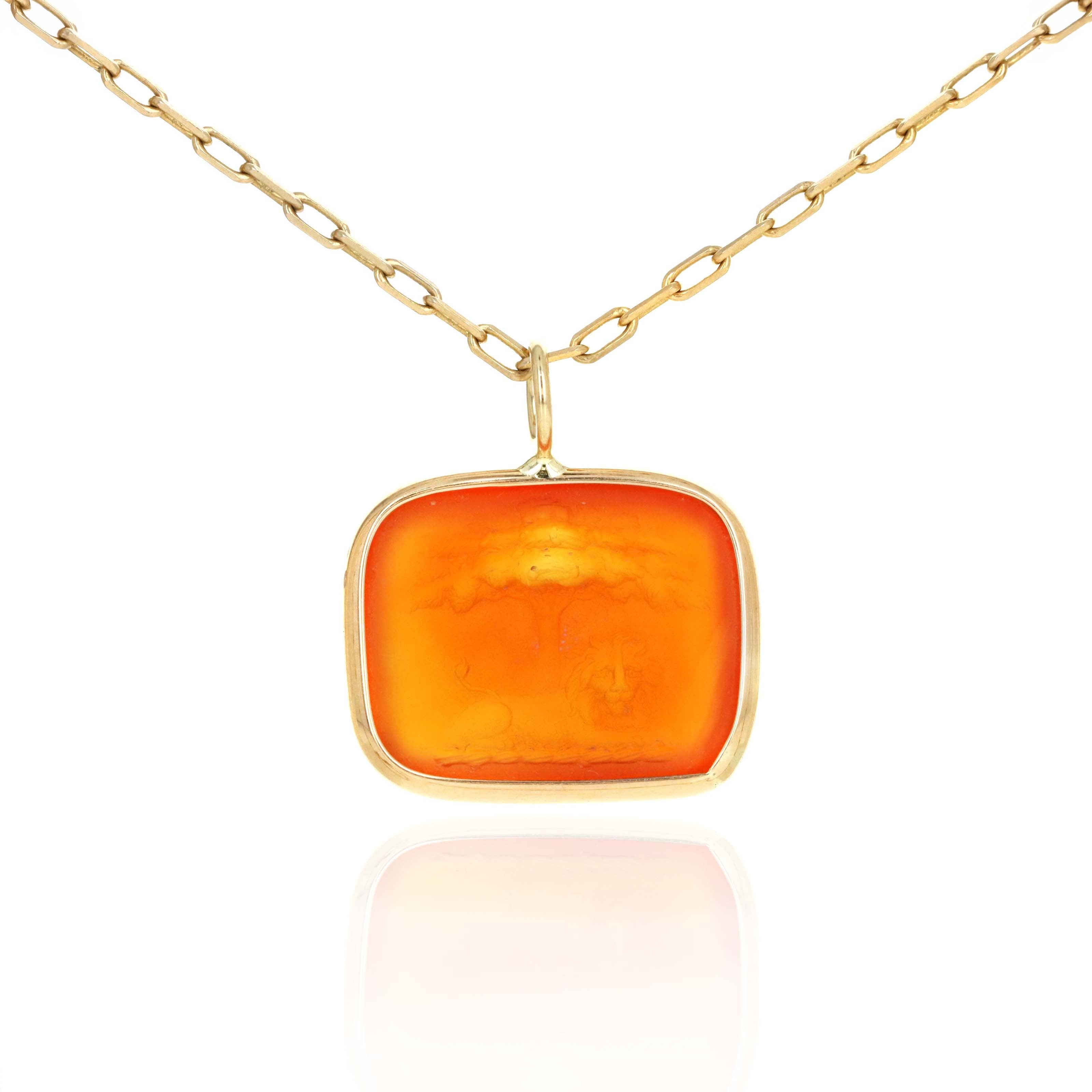 14k Yellow Gold Carnelian Intaglio "Lion & Tree" Pendant Necklace