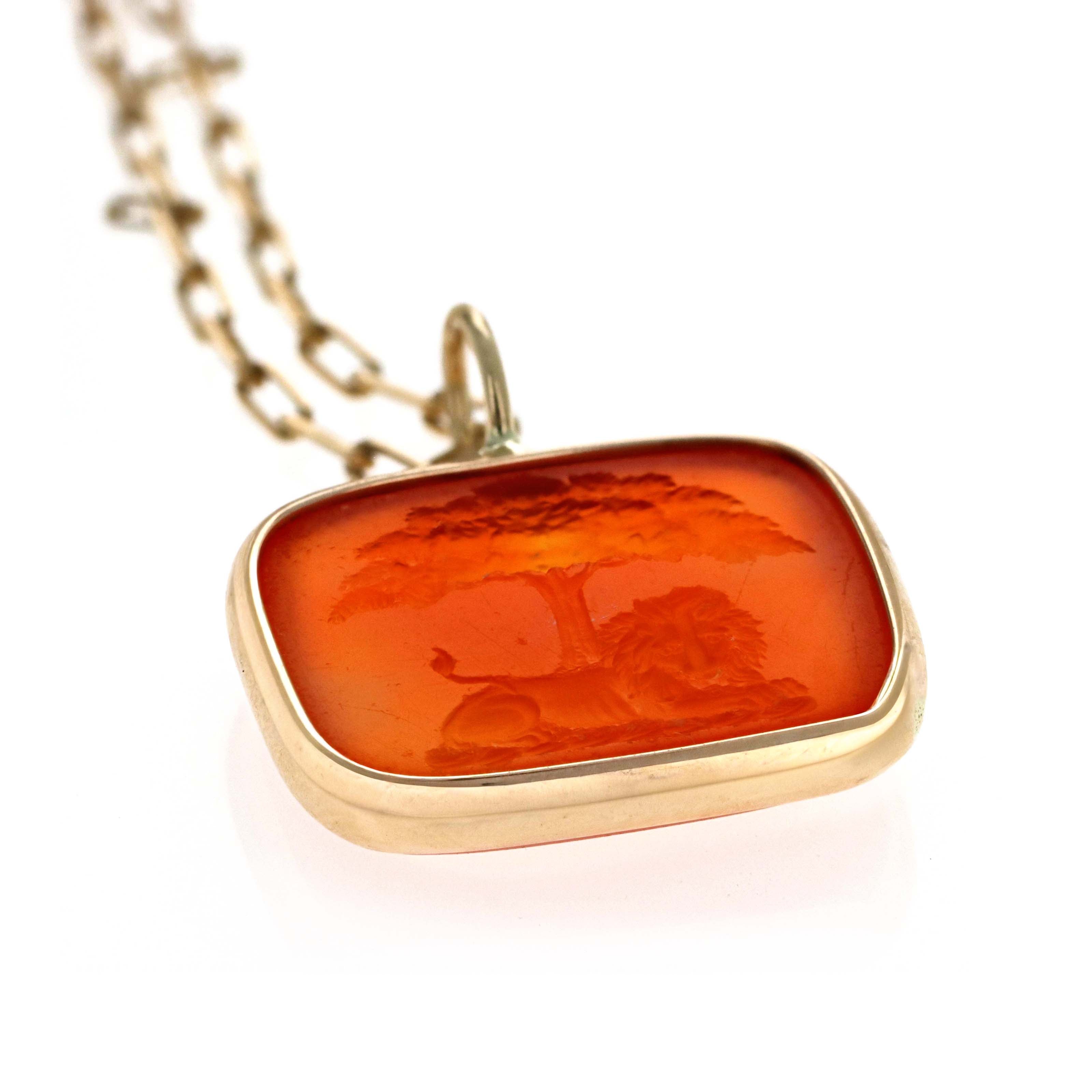 14k Yellow Gold Carnelian Intaglio "Lion & Tree" Pendant Necklace
