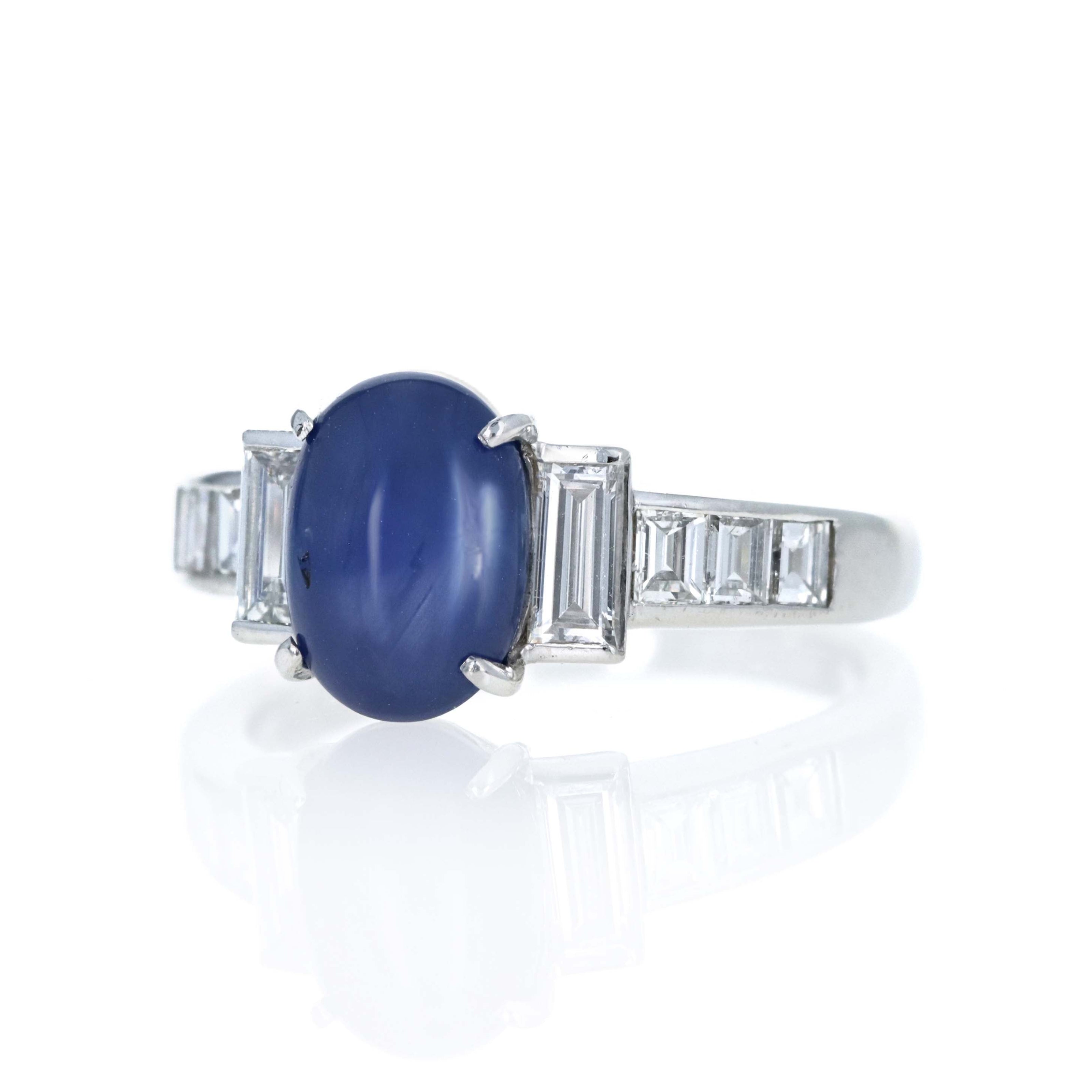 Platinum 3.77 Carat Oval Star Sapphire Diamond Baguette Ring
