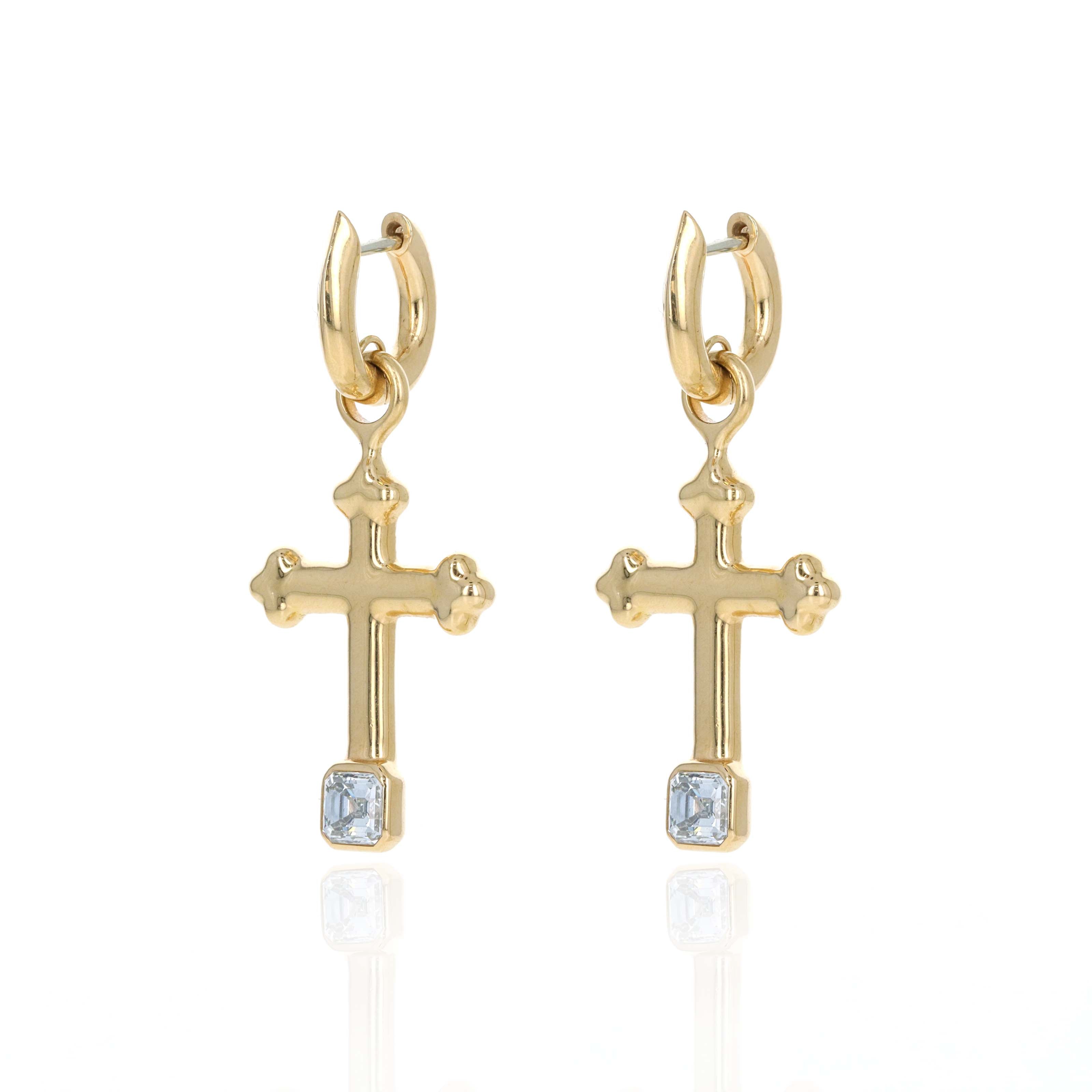 Uniform Object 18K Yellow Gold 0.72 Carat Asscher Diamond Cross Carriage Huggie Earrings - Queen May