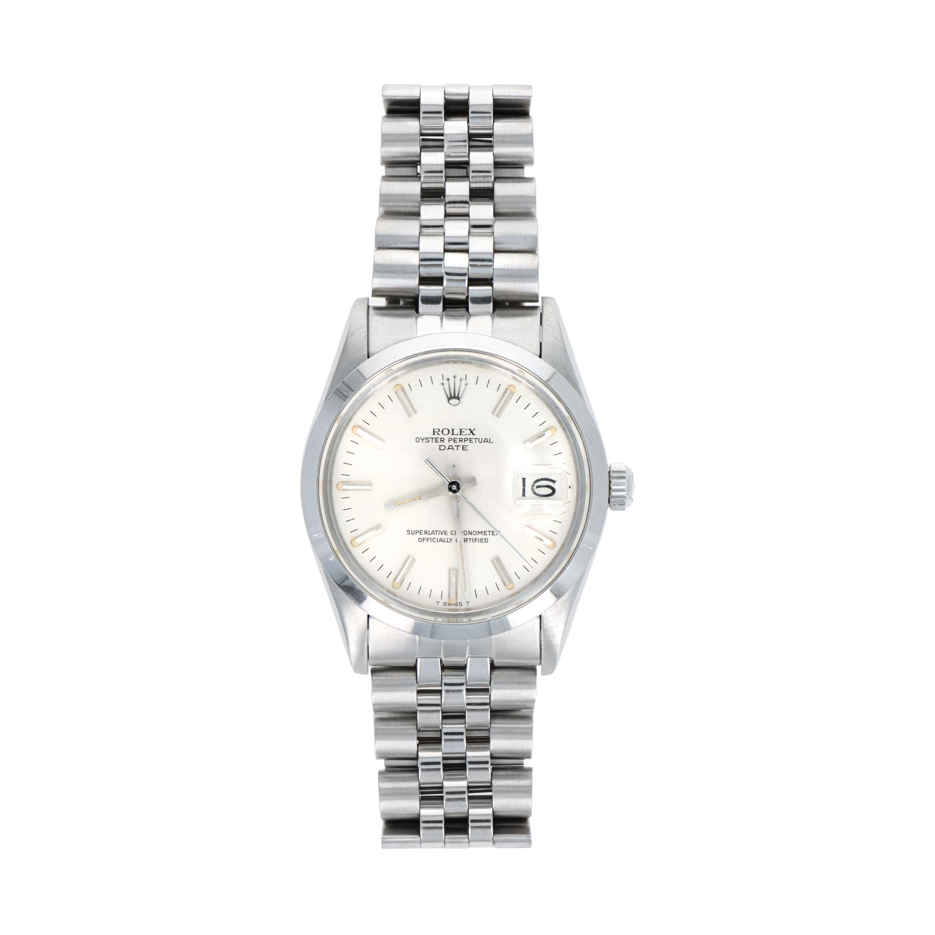 Rolex Oyster Perpetual Date 34MM Model 15000 Silver Stick Dial With Box & Papers - Queen May