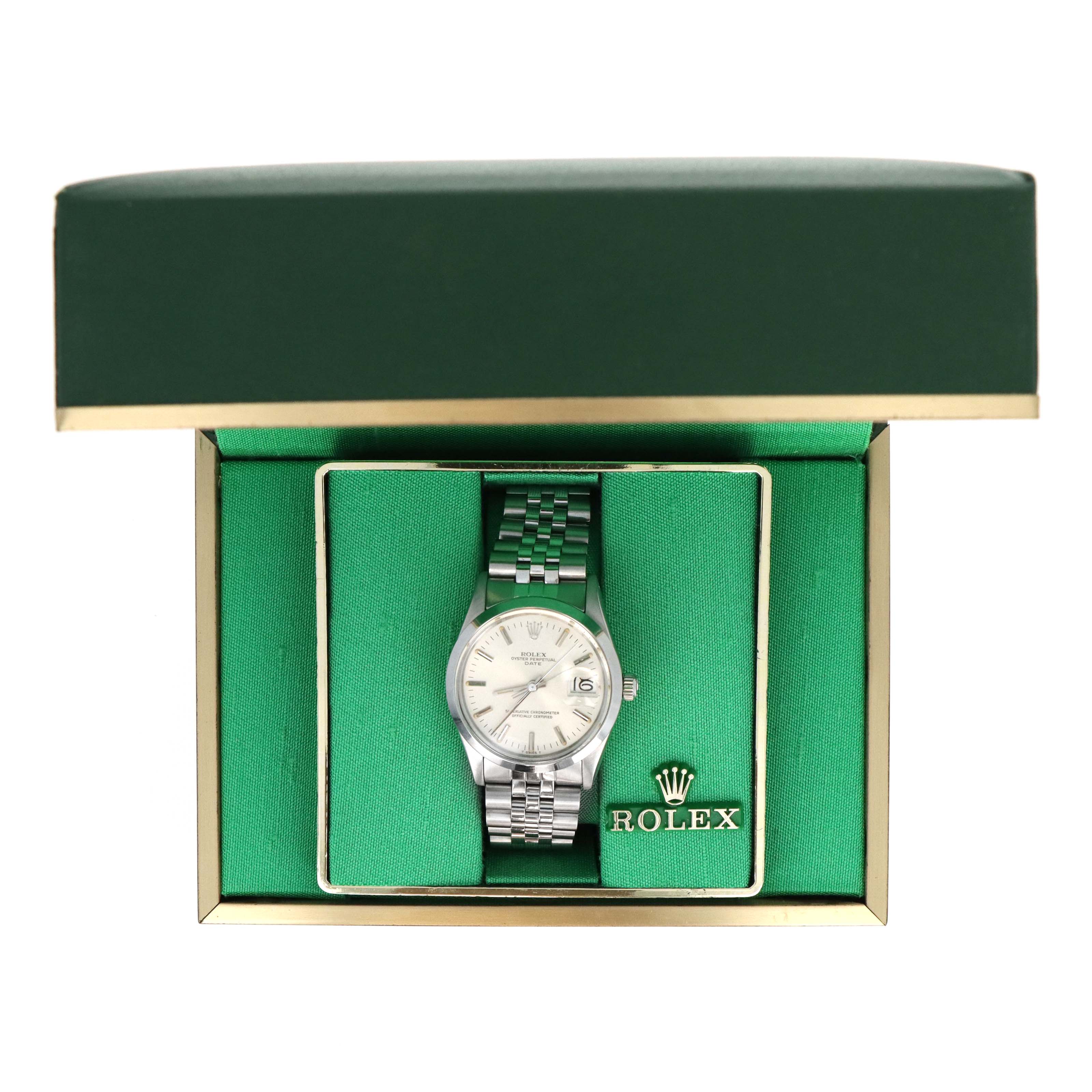 Rolex Oyster Perpetual Date 34MM Model 15000 Silver Stick Dial With Box & Papers - Queen May