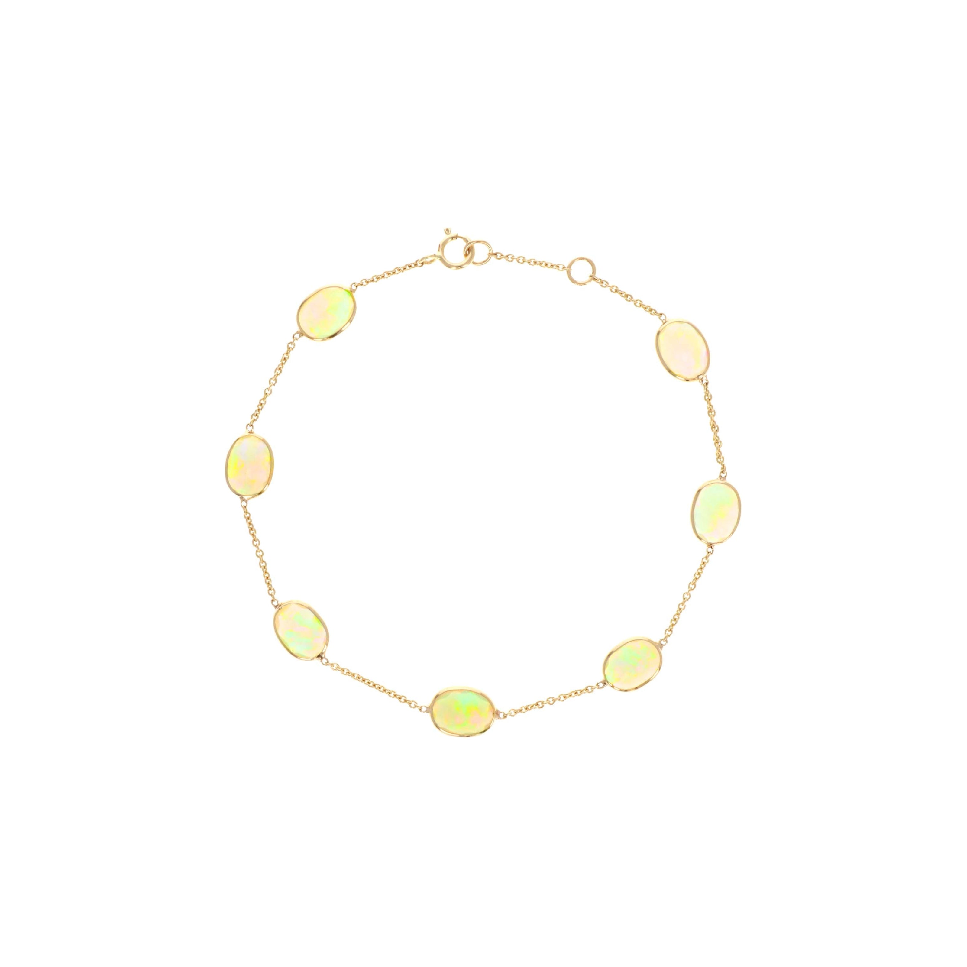 14K Yellow Gold 5.38 Carat Opal Oval Bezel Station Bracelet