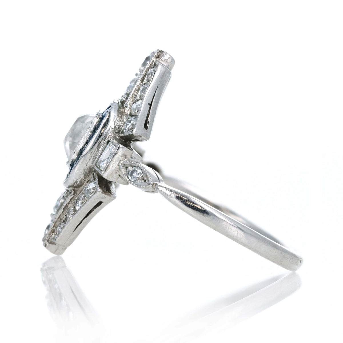Art Deco Inspired Platinum Old Mine Cut Diamond & Sapphire Shield Ring