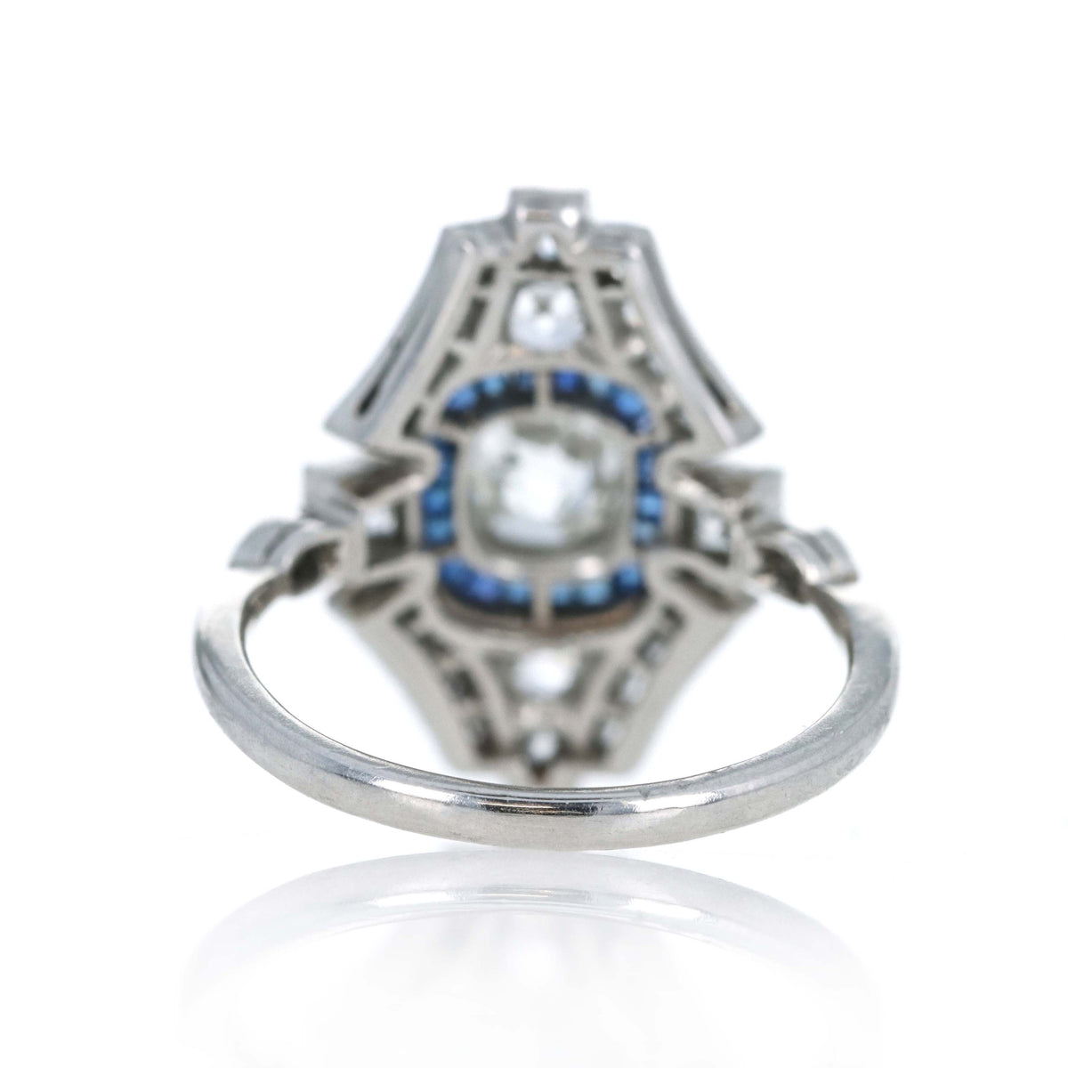 Art Deco Inspired Platinum Old Mine Cut Diamond & Sapphire Shield Ring