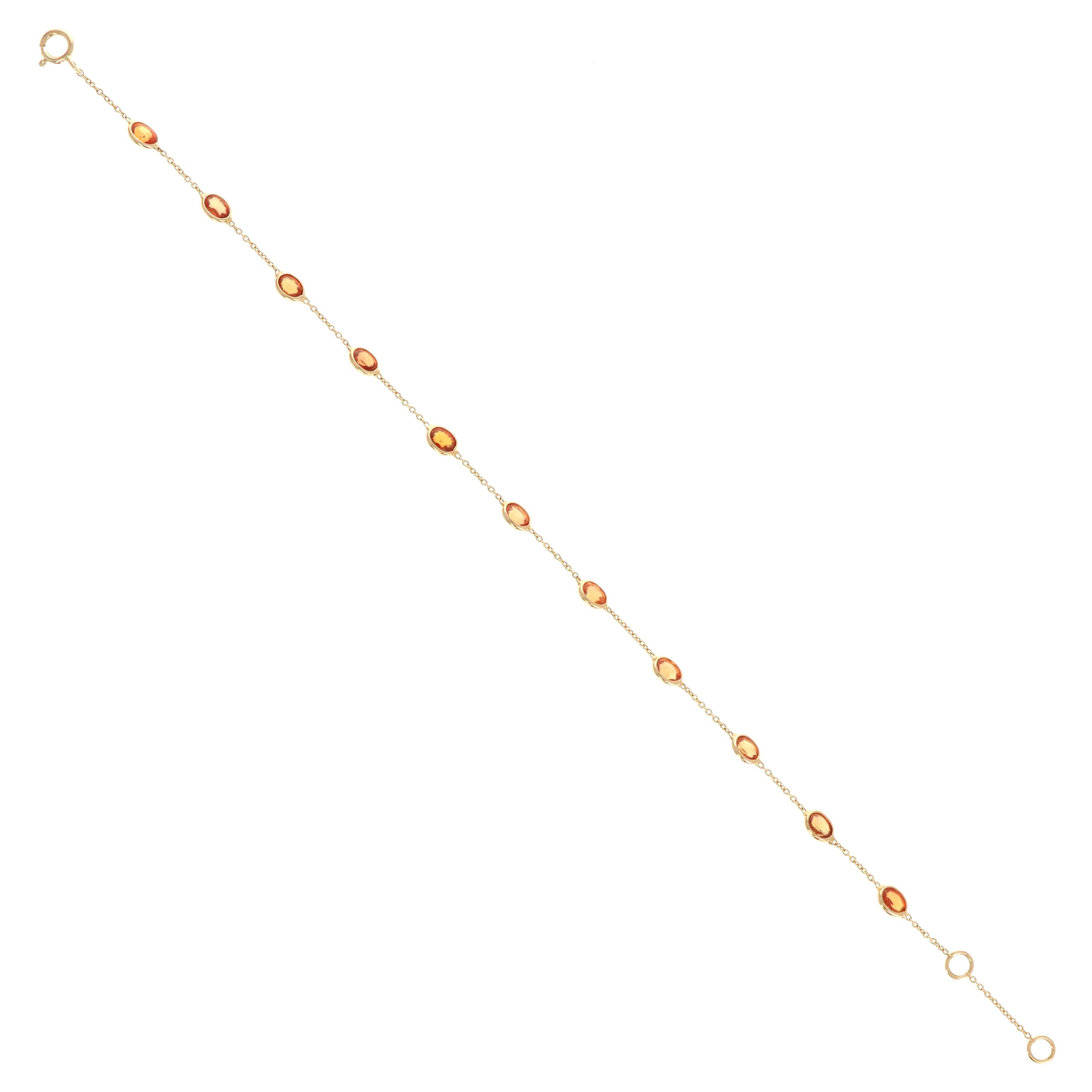 14K Yellow Gold 3 Carat Orange Sapphire Oval Bezel Station Bracelet