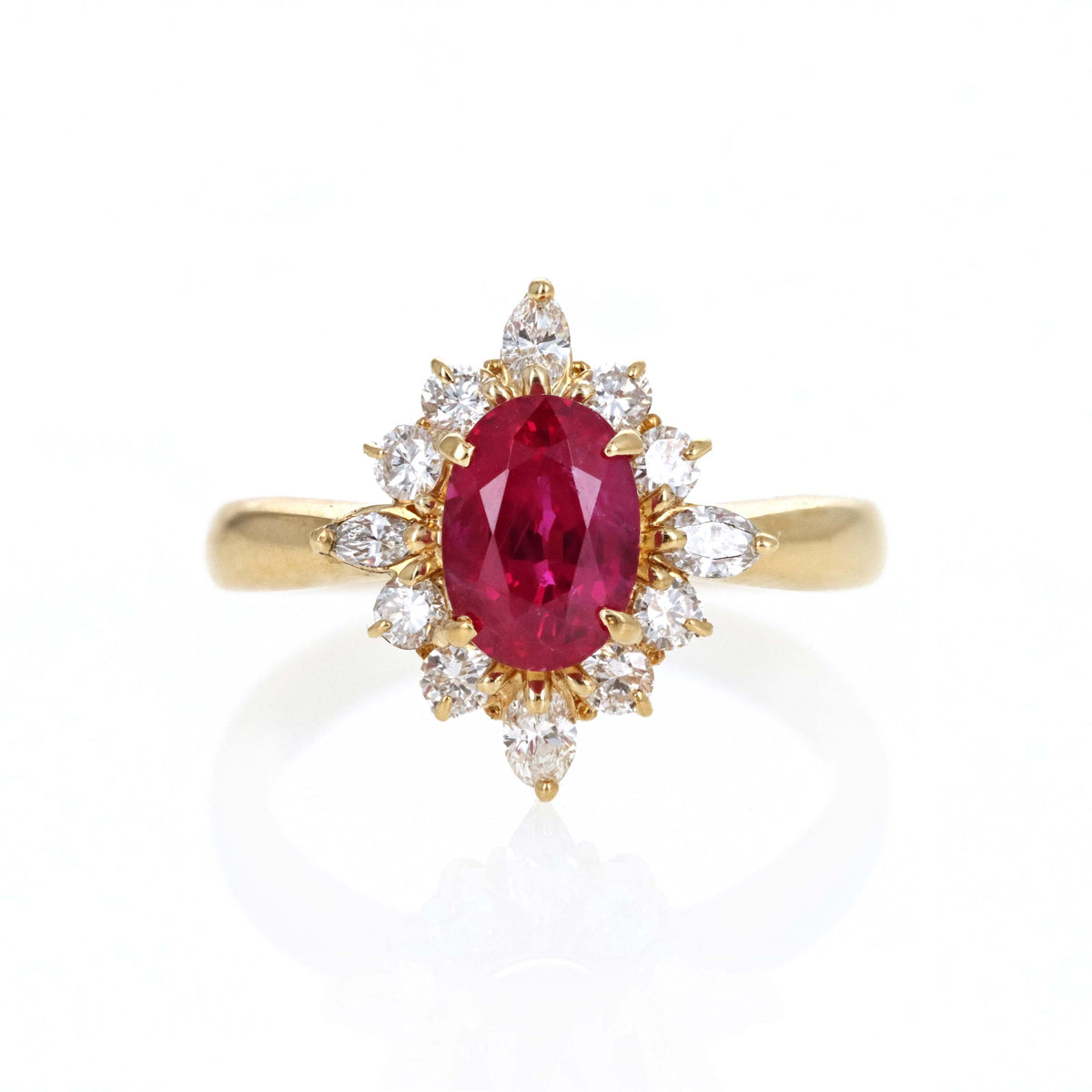 18k Yellow Gold 1.16 Carat Oval Ruby & Diamond Halo Ring