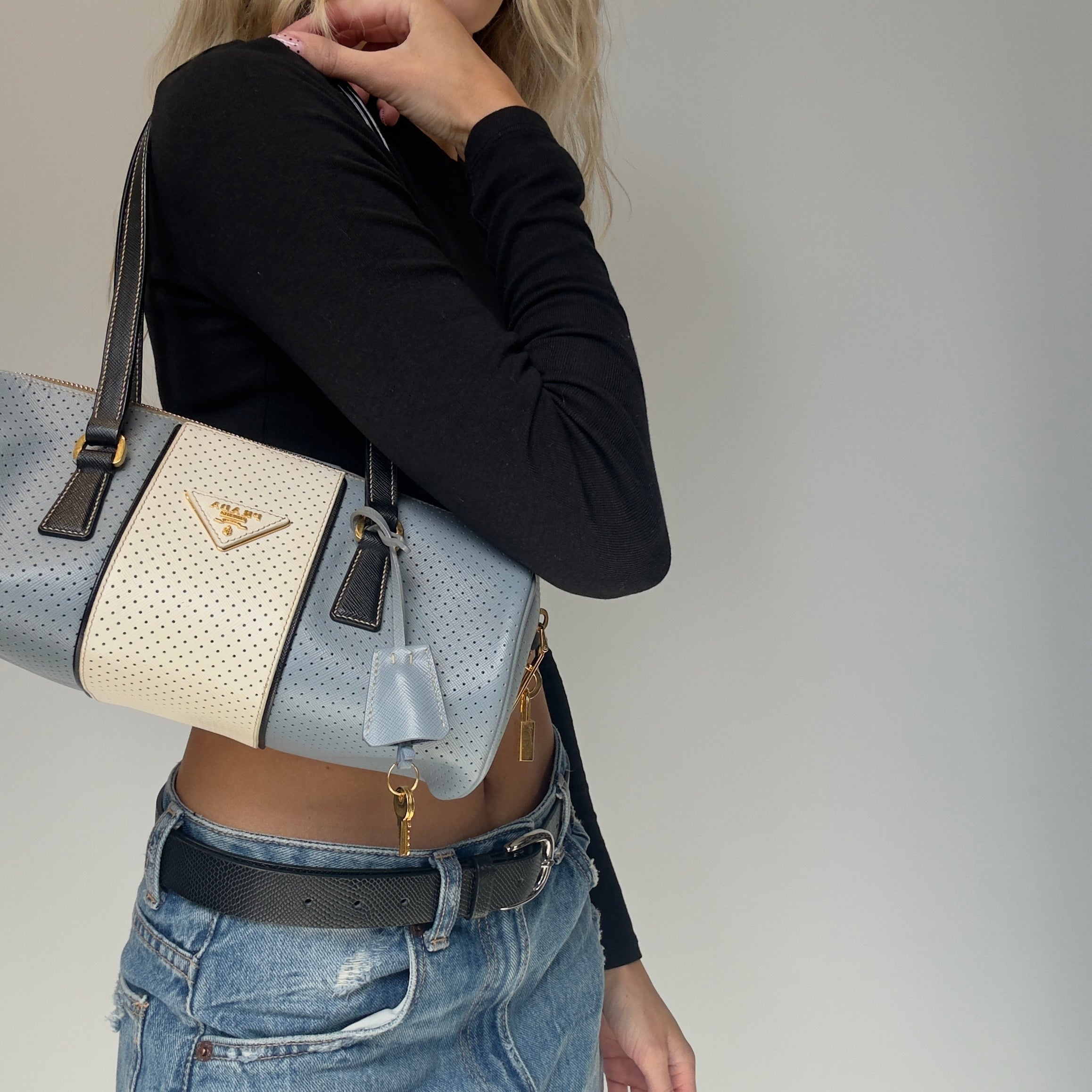 Prada Perforated Saffiano Lux Bauletto Bag Light Blue