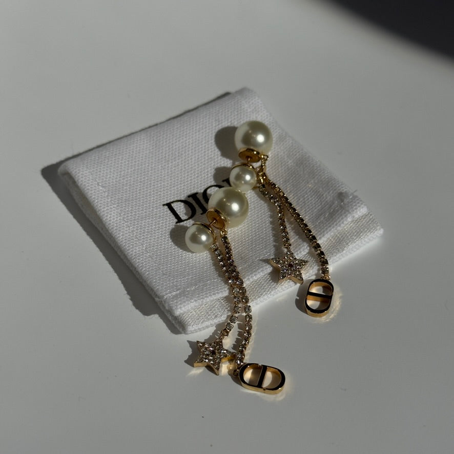 Dior Triabales Earrings Gold Finish Metal White Resin Pearls White Crystals - Queen May