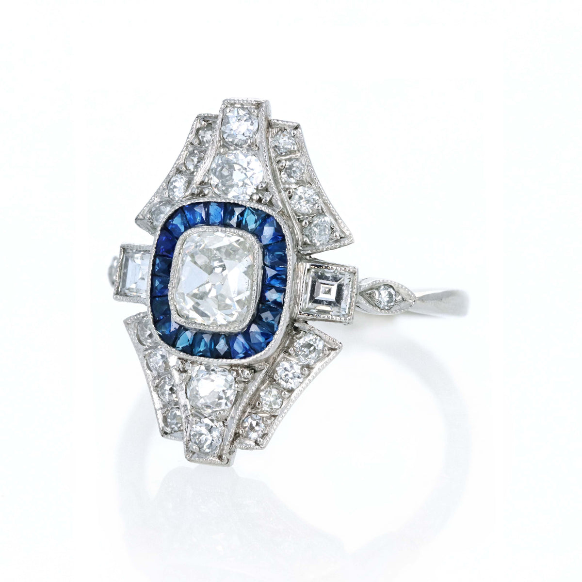 Art Deco Inspired Platinum Old Mine Cut Diamond & Sapphire Shield Ring