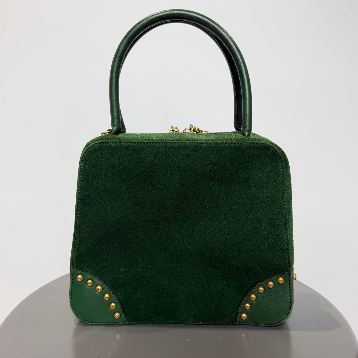 Vintage Celine Top Handle Suede Box Bag Forest Green