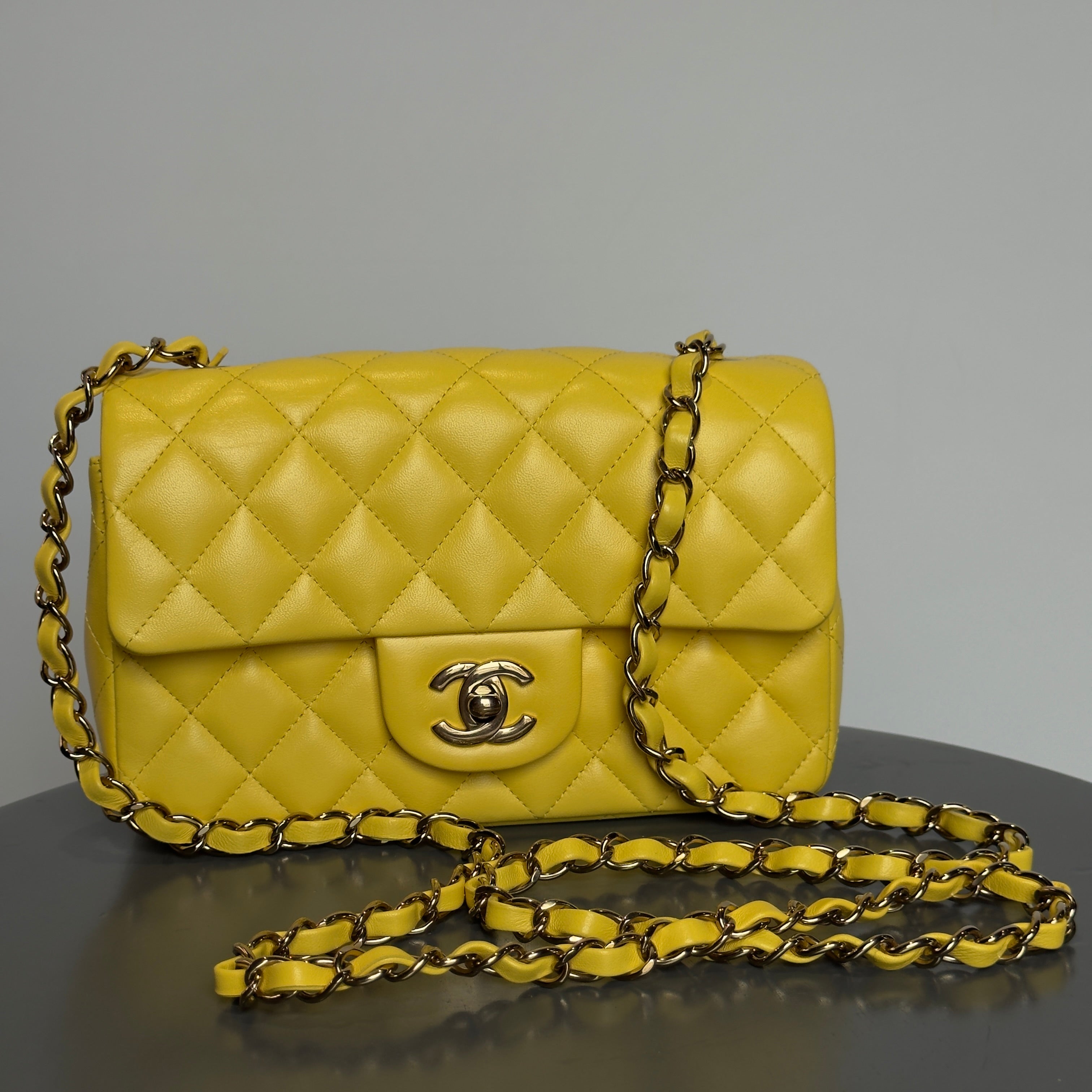 Chanel Quilted Mini Rectangular Flap Bag Lambskin Yellow