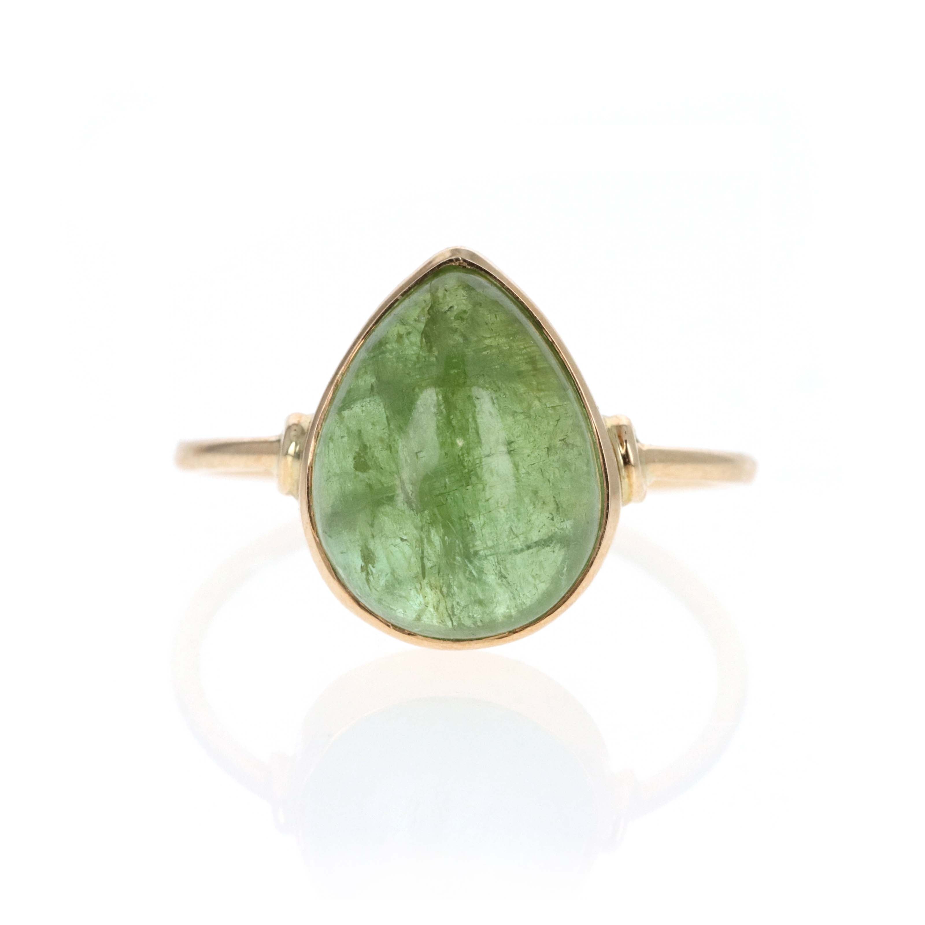 14K Yellow Gold 6.3 Carat Cabochon Green Tourmaline Bezel Ring - Queen May