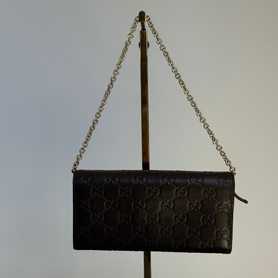 Gucci Brown Guccissima Leather Wallet Chain Clutch Bag - Queen May