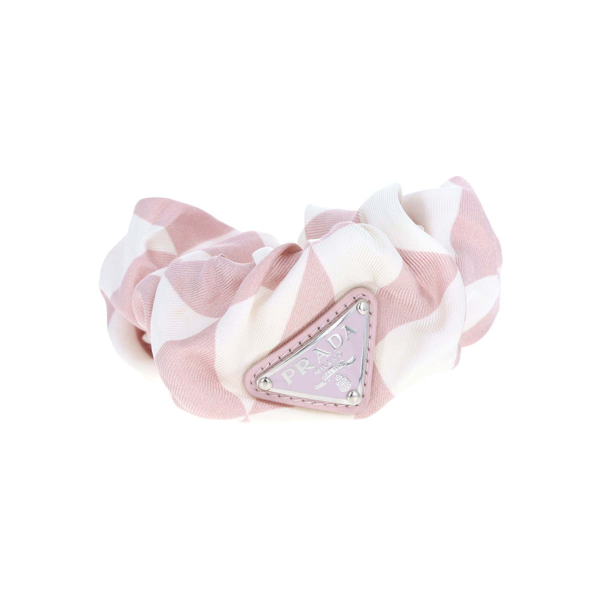 Prada Pink and White Enamel Triangle Logo Striped Silk Scrunchie - Queen May