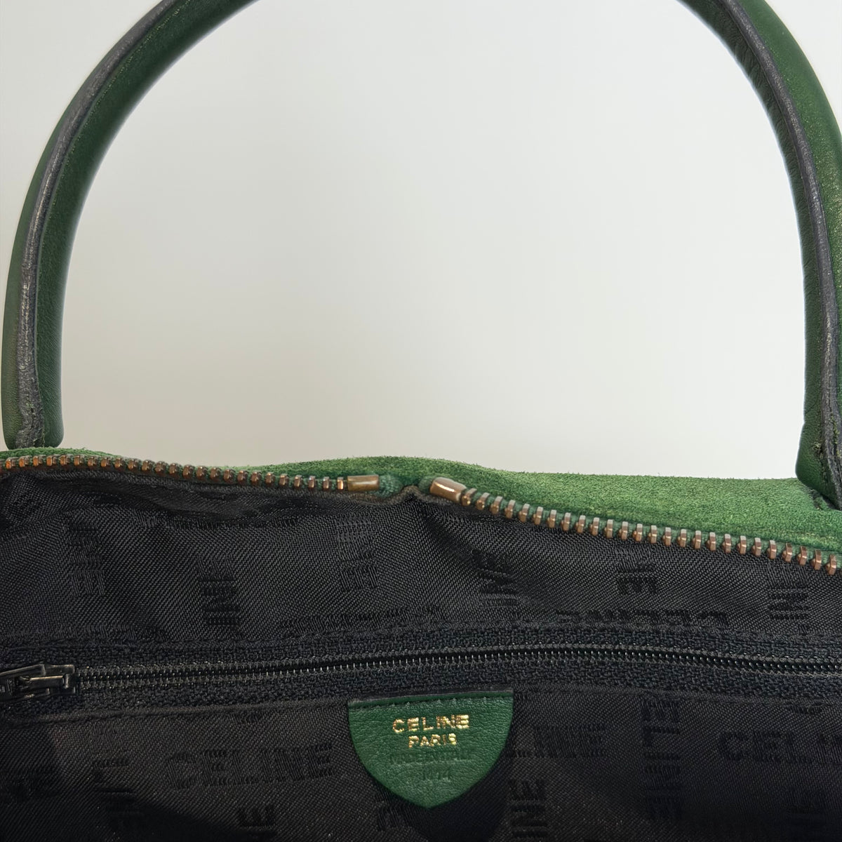 Vintage Celine Top Handle Suede Box Bag Forest Green
