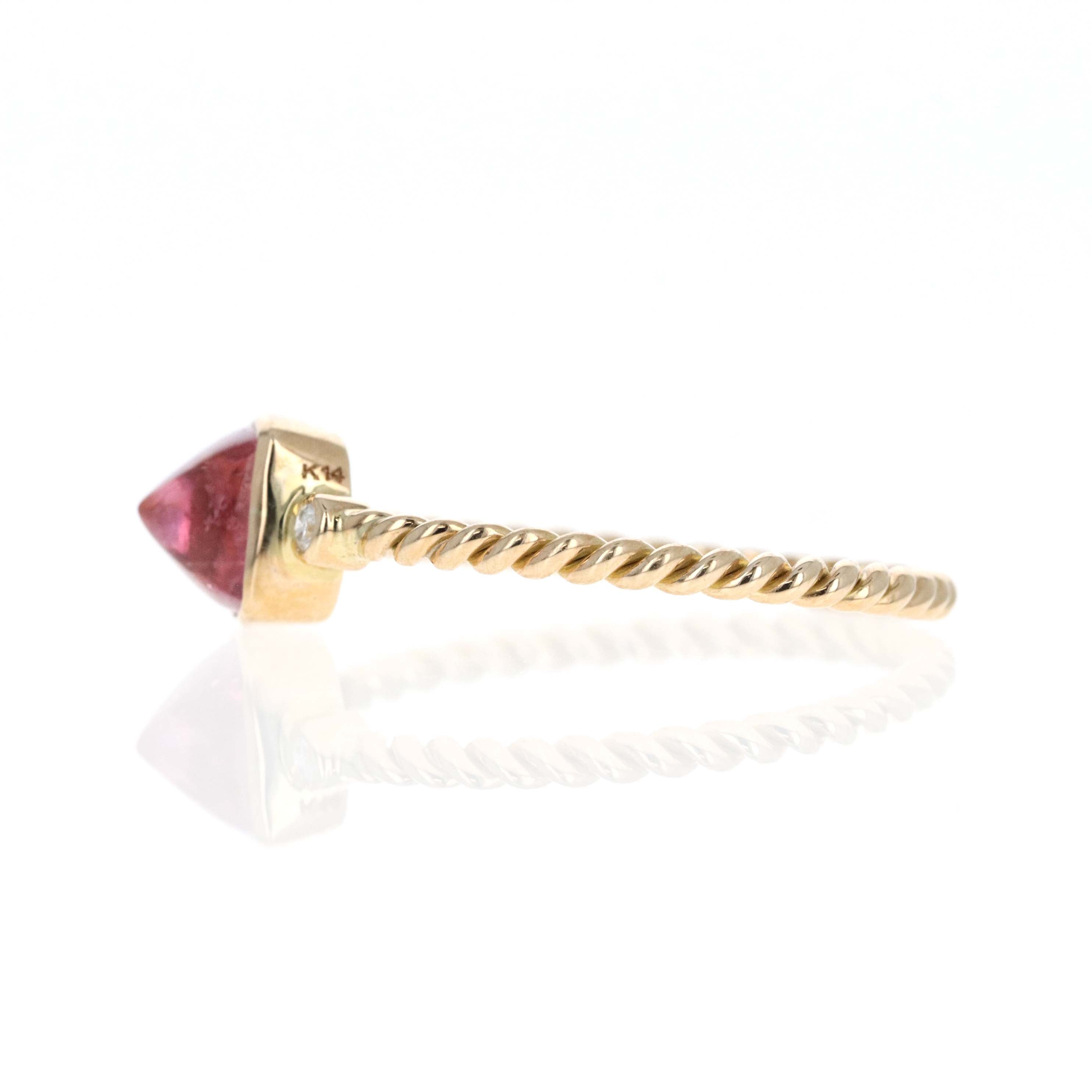 14K Yellow Gold 1.22 Carat Cabochon Pink Tourmaline Diamond Bezel Braided Ring - Queen May