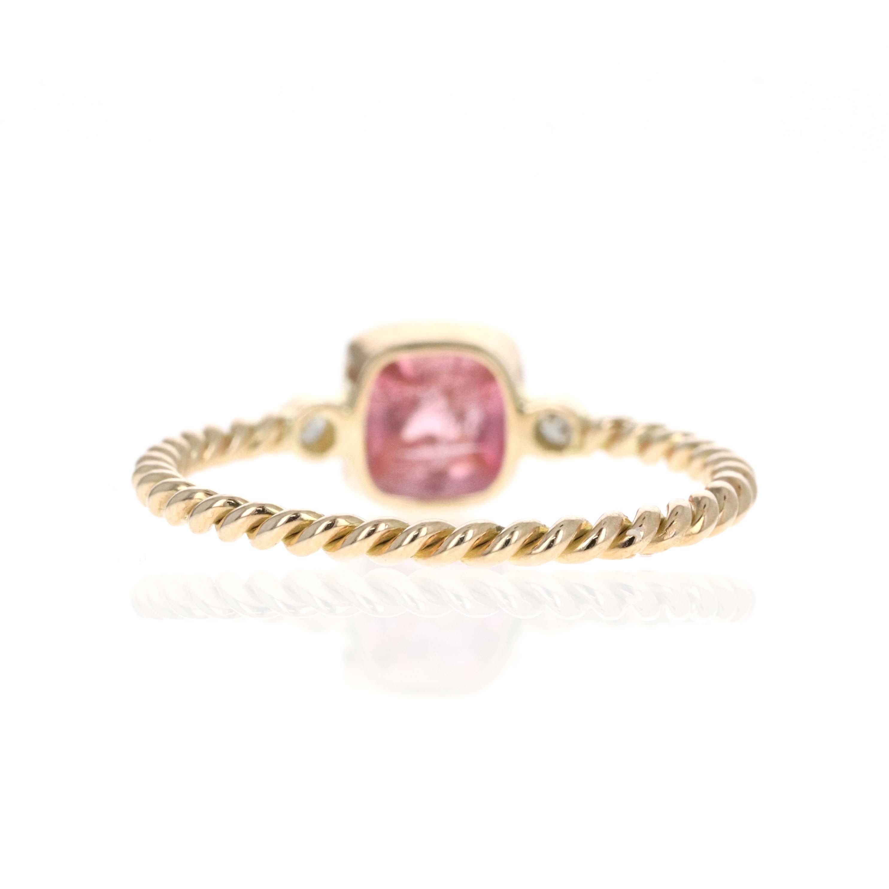 14K Yellow Gold 1.22 Carat Cabochon Pink Tourmaline Diamond Bezel Braided Ring - Queen May